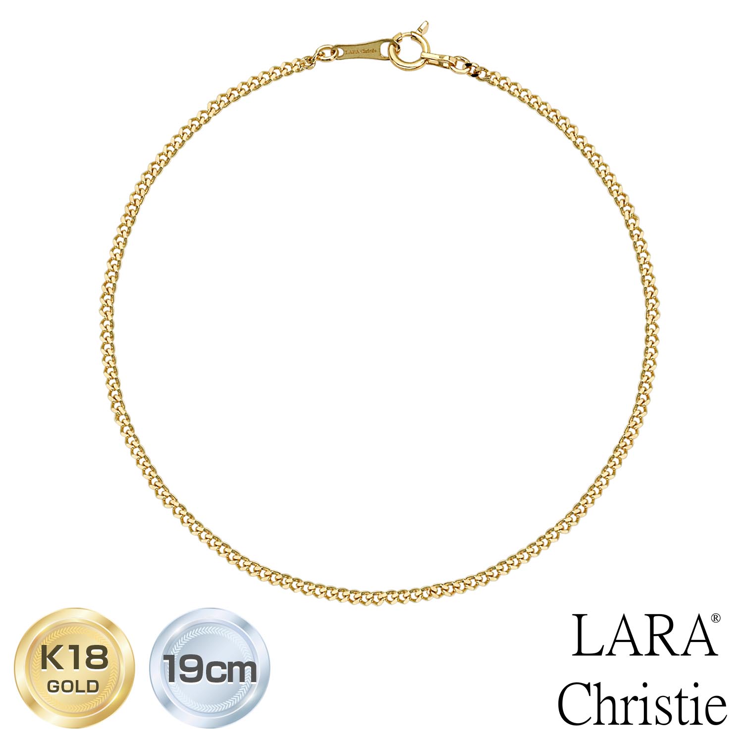 ララクリスティー ブレスレット チェーン レディース メンズ ゴールド K18 喜平 幅1.6mm 約2.09g 19cm LARA Christie プラチナ...