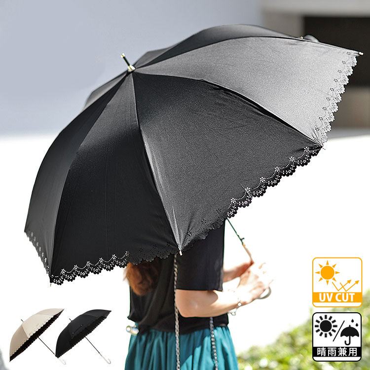 大きいサイズ レディース 小物 UV99%カットスイートフラワー58cm晴雨兼用傘 UVカット UV対策 紫外線対策 紫外線防止 遮熱効果 遮光100%カット 長傘 カットワークフラワー 花模様 晴雨兼用 無地 春新作 通年 F フリー フリーサイズ 黒 ブラック ベージュ ゴールドジャパン