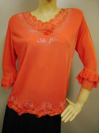 コーラス衣装 トップス ストレッチ素材 豪華な刺繍・華やかに上品に光ります ゆったりLサイズ対応オレンジ