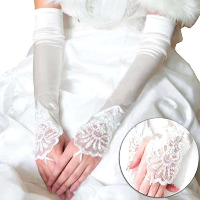 到着まで2～4日で到着 コーラス 演奏会 カラオケ 結婚式 パーティー に総丈35cmロング手袋 サテン地にスパンコール ジルコン 刺繍あり フリー
