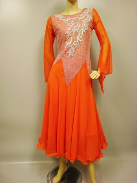 社交ダンスドレス、レース花模様モーチーフが豪華なモダンドレス、袖フレーアーになっています。ステージ衣装として最適では。オレンジ