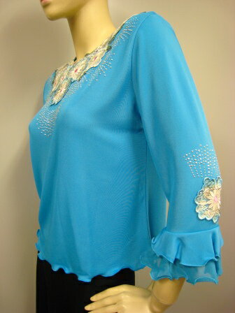 コーラス衣装 コーラス ブラウス 衣装 カラー花刺繍ジルコントップス襟元豪華刺繍トップス　ブルー　M・Lサイズ
