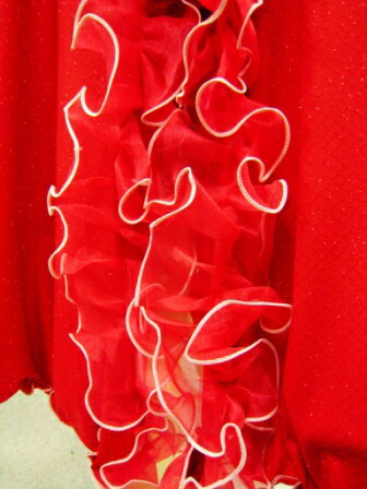 ラメ地チェックプリント華やかなフリルにすそスリット。花びら風すそラインも可愛いダンススカート。お揃いのトップス有り。赤