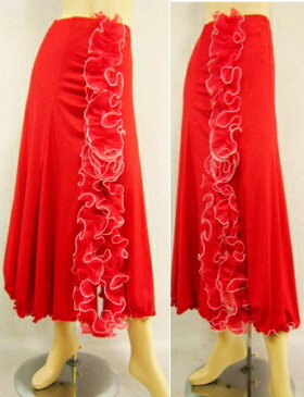ラメ地チェックプリント華やかなフリルにすそスリット。花びら風すそラインも可愛いダンススカート。お揃いのトップス有り。赤