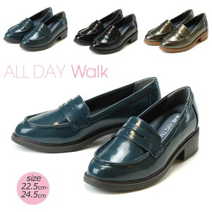 【期間限定クーポンあり】 ALL DAY Walk オールデイウォーク ALD 2350 晴雨兼用 コインローファー レディース ブラックエナメル ブルー ガンメタ 2E 3.5cmヒール 吸水速乾 簡易防水 ふわふわインソール アキレス 靴 (1911)