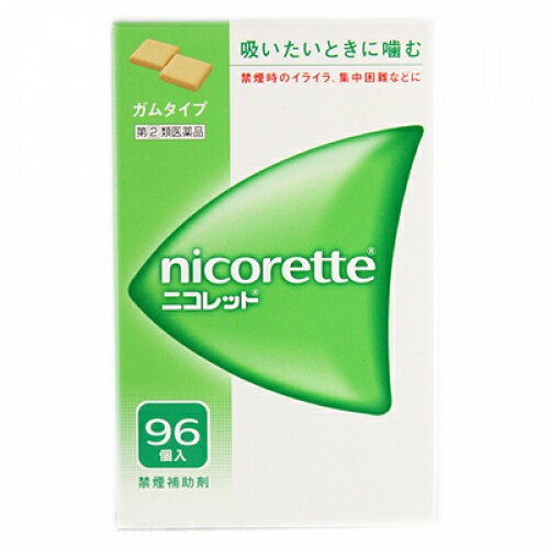 この商品は医薬品です、同梱されている添付文書を必ずお読みください。※商品リニューアル等によりパッケージ及び容量は変更となる場合があります。ご了承ください。製造元&nbsp;アリナミン製薬(株)・ニコレットはタバコをやめたいと望む人のための医薬品で，禁煙時のイライラ・集中困難などの症状を緩和します。（タバコをきらいにさせる作用はありません）・使用期間は3ヵ月をめどとし，使用量を徐々に減らすことで，あなたを無理のない禁煙へ導きます。・タバコを吸わない人や現在吸っていない人は，身体に好ましくない作用を及ぼしますので使用しないでください。 医薬品の使用期限 医薬品に関しては特別な表記の無い限り、1年以上の使用期限のものを販売しております。1年以内のものに関しては使用期限を記載します。 名称 禁煙補助剤 内容量 96個 使用方法・用法及び使用上の注意 タバコを吸いたいと思ったとき，1回1個をゆっくりと間をおきながら，30〜60分間かけてかむ。1日の使用個数は表を目安とし，通常，1日4〜12個から始めて適宜増減するが，1日の総使用個数は24個を超えないこと。禁煙になれてきたら（1ヵ月前後），1週間ごとに1日の使用個数を1〜2個ずつ減らし，1日の使用個数が1〜2個となった段階で使用をやめる。なお，使用期間は3ヵ月をめどとする。［1回量：1日最大使用個数：使用開始時の1日の使用個数の目安（禁煙前の1日の喫煙本数）：使用開始時の1日の使用個数の目安（1日の使用個数）］1個：24個：20本以下：4〜6個1個：24個：21〜30本：6〜9個1個：24個：31本以上：9〜12個用法関連注意 1．タバコを吸うのを完全に止めて使用すること。2．1回に2個以上かまないこと（ニコチンが過量摂取され，吐き気，めまい，腹痛などの症状があらわれることがある。）。3．辛みや刺激感を感じたらかむのを止めて，ほほの内側などに寄せて休ませること。4．本剤はガム製剤であるので飲み込まないこと。また，本剤が入れ歯などに付着し，脱落・損傷を起こすことがあるので，入れ歯などの歯科的治療を受けたことのある人は，使用に際して注意すること。5．コーヒーや炭酸飲料などを飲んだ後，しばらくは本剤を使用しないこと（本剤の十分な効果が得られないことがある。）。6．口内に使用する吸入剤やスプレー剤とは同時に使用しないこと（口内・のどの刺激感，のどの痛みなどの症状を悪化させることがある。）■してはいけないこと（守らないと現在の症状が悪化したり，副作用が起こりやすくなる）1．次の人は使用しないこと　（1）非喫煙者〔タバコを吸ったことのない人及び現在タバコを吸っていない人〕（吐き気，めまい，腹痛などの症状があらわれることがある。）　（2）すでに他のニコチン製剤を使用している人　（3）妊婦又は妊娠していると思われる人　（4）重い心臓病を有する人　　1）3ヵ月以内に心筋梗塞の発作を起こした人　　2）重い狭心症と医師に診断された人　　3）重い不整脈と医師に診断された人　（5）急性期脳血管障害（脳梗塞，脳出血等）と医師に診断された人　（6）うつ病と医師に診断された人　（7）本剤又は本剤の成分によりアレルギー症状（発疹・発赤，かゆみ，浮腫等）を起こしたことがある人　（8）あごの関節に障害がある人2．授乳中の人は本剤を使用しないか，本剤を使用する場合は授乳を避けること　（母乳中に移行し，乳児の脈が速まることが考えられる。）3．本剤を使用中あるいは使用直後に次のことをしないこと　（1）喫煙　（2）ニコチンパッチ製剤の使用4．6ヵ月を超えて使用しないこと■相談すること1．次の人は使用前に医師，歯科医師，薬剤師又は登録販売者に相談すること　（1）医師又は歯科医師の治療を受けている人　（2）他の薬を使用している人　　（他の薬の作用に影響を与えることがある。）　（3）高齢者及び20歳未満の人　（4）薬などによりアレルギー症状を起こしたことがある人　（5）次の症状のある人　　腹痛，胸痛，口内炎，のどの痛み・のどのはれ　（6）次の診断を受けた人　　心臓疾患（心筋梗塞，狭心症，不整脈），脳血管障害（脳梗塞，脳出血等），バージャー病（末梢血管障害），高血圧，甲状腺機能障害，褐色細胞腫，糖尿病（インスリン製剤を使用している人），咽頭炎，食道炎，胃・十二指腸潰瘍，肝臓病，腎臓病（症状を悪化させたり，現在使用中の薬の作用に影響を与えることがある。）2．使用後，次の症状があらわれた場合は副作用の可能性があるので，直ちに使用を中止し，この文書を持って医師，薬剤師又は登録販売者に相談すること［関係部位：症状］口・のど：口内炎，のどの痛み消化器：吐き気・嘔吐，腹部不快感，胸やけ，食欲不振，下痢皮膚：発疹・発赤，かゆみ経系：頭痛，めまい，思考減退，眠気循環器：動悸その他：胸部不快感，胸部刺激感，顔面潮紅，顔面浮腫，気分不良3．使用後，次のような症状があらわれることがあるので，このような症状の持続又は増強が見られた場合には，使用を中止し，この文書を持って医師，歯科医師，薬剤師又は登録販売者に相談すること　（1）口内・のどの刺激感，舌の荒れ，味の異常感，唾液増加，歯肉炎　　（ゆっくりかむとこれらの症状は軽くなることがある。）　（2）あごの痛み　　（他に原因がある可能性がある。）　（3）しゃっくり，げっぷ4．誤って定められた用量を超えて使用したり，小児が誤飲した場合には，次のような症状があらわれることがあるので，その場合には，この文書を持って直ちに医師，薬剤師又は登録販売者に相談すること　吐き気，唾液増加，腹痛，下痢，発汗，頭痛，めまい，聴覚障害，全身脱力（急性ニコチン中毒の可能性がある。）5．3ヵ月を超えて継続する場合は，この文書を持って医師，薬剤師又は登録販売者に相談すること　（長期・多量使用によりニコチン依存が本剤に引き継がれることがある。） 効能・効果 禁煙時のイライラ・集中困難・落ち着かないなどの症状の緩和 成分・分量 1個中　　成分 分量ニコチン 2mg添加物イオン交換樹脂，炭酸水素ナトリウム，炭酸ナトリウム，D-ソルビトール，グリセリン，タルク，炭酸カルシウム，ジブチルヒドロキシトルエン(BHT)，l-メントール，バニリン，エタノール，香料，その他6成分 保管および取扱い上の注意 1．直射日光の当たらない湿気の少ない涼しい所に保管すること（高温の場所に保管すると，ガムがシートに付着して取り出しにくくなる。）。2．本剤は小児が容易に開けられない包装になっているが，小児の手の届かない所に保管すること。3．他の容器に入れ替えないこと（誤用の原因になったり，品質が変わる。）。4．使用期限を過ぎた製品は使用しないこと。5．かみ終わったガムは紙などに包んで小児の手の届かない所に捨てること。 発売元、製造元、輸入元又は販売元、消費者相談窓口 会社名：ジョンソン・エンド・ジョンソン株式会社問い合わせ先：ニコレット禁煙支援センター電話：フリーダイヤル　0120-250103受付時間：9：00〜17：00（土・日・祝日を除く）その他：緊急時・中毒等の連絡先（財）日本中毒情報センター　中毒110番　大阪　TEL：072-727-2499（365日　24時間対応）　つくば　TEL：029-852-9999（365日 9：00〜21：00） 原産国 日本 商品区分 医薬品 広告文責　株式会社レデイ薬局　089-909-3777薬剤師：池水　信也 リスク区分&nbsp; 第(2)類医薬品