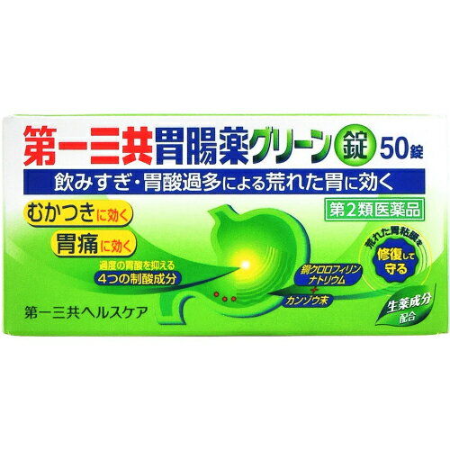 この商品は医薬品です、同梱されている添付文書を必ずお読みください。※商品リニューアル等によりパッケージ及び容量は変更となる場合があります。ご了承ください。製造元&nbsp;第一三共ヘルスケア(株)荒れた胃粘膜の修復を助ける銅クロロフィリンナトリウムを配合しています。胃粘膜を保護するはたらきのあるカンゾウ末を配合しています。各種制酸剤が出すぎた胃酸を中和します。健胃生薬成分が弱った胃の働きを高めます。 医薬品の使用期限 医薬品に関しては特別な表記の無い限り、1年以上の使用期限のものを販売しております。1年以内のものに関しては使用期限を記載します。 名称 胃薬 内容量 50錠 使用方法・用法及び使用上の注意 次の量を水又はお湯で服用してください。［年齢：1回服用量：1日服用回数］成人（15歳以上）：3錠：3回　食後に服用して下さい。11歳以上15歳未満：2錠：3回　食後に服用して下さい。11歳未満：服用しないで下さい。用法関連注意(1)用法・用量を厳守して下さい。(2)11歳以上の小児に服用させる場合には，保護者の指導監督のもとに服用させて下さい。■してはいけないこと（守らないと現在の症状が悪化したり，副作用が起こりやすくなります）1．次の人は服用しないで下さい。　透析療法を受けている人2．本剤を服用している間は，次の医薬品を服用しないで下さい。　胃腸鎮痛鎮痙薬3．授乳中の人は本剤を服用しないか，本剤を服用する場合は授乳を避けて下さい。(母乳に移行して乳児の脈が速くなることがあります)4．長期連用しないで下さい。■相談すること1．次の人は服用前に医師，薬剤師又は登録販売者に相談して下さい。　（1）医師の治療を受けている人　（2）妊婦又は妊娠していると思われる人　（3）高齢者　（4）薬などによりアレルギー症状を起こしたことがある人　（5）次の症状のある人　　　　排尿困難　（6）次の診断を受けた人　　　　腎臓病，心臓病，緑内障2．服用後，次の症状があらわれた場合は副作用の可能性がありますので，直ちに服用を中止し，この文書を持って医師，薬剤師又は登録販売者に相談して下さい。［関係部位：症状］皮膚：発疹・発赤，かゆみ3．服用後，次の症状があらわれることがありますので，このような症状の持続又は増強が見られた場合には，服用を中止し，この文書を持って医師，薬剤師又は登録販売者に相談して下さい。　口のかわき，便秘，下痢4．2週間位服用しても症状がよくならない場合は服用を中止し，この文書を持って医師，薬剤師又は登録販売者に相談して下さい。その他の注意 ■その他の注意母乳が出にくくなることがあります。 効能・効果 ●飲み過ぎ（過飲），吐き気（むかつき，胃のむかつき，二日酔・悪酔のむかつき，嘔気，悪心），嘔吐●胃酸過多，胃痛，胸やけ，胃重，胃部不快感，げっぷ（おくび）●胸つかえ，もたれ（胃もたれ），食欲不振（食欲減退），胃部・腹部膨満感，胃弱●食べ過ぎ（過食），消化不良，消化促進，消化不良による胃部・腹部膨満感 成分・分量 9錠中　成分　分量メタケイ酸アルミン酸マグネシウム 360mg合成ヒドロタルサイト 480mg炭酸水素ナトリウム 480mgロートエキス3倍散 90mgウイキョウ末 30mgケイヒ末 180mgチョウジ末 30mgゲンチアナ末 90mgセンブリ末 5mgビオヂアスターゼ2000 60mgリパーゼAP6 60mg銅クロロフィリンナトリウム 48mgカンゾウ末 150mg添加物バレイショデンプン，乳糖，カルメロース，ヒドロキシプロピルセルロース，ステアリン酸マグネシウム 保管および取扱い上の注意 (1)直射日光の当たらない湿気の少ない涼しい所に密栓して保管して下さい。(2)小児の手の届かない所に保管して下さい。(3)他の容器に入れ替えないで下さい。（誤用の原因になったり品質が変わります）(4)ぬれた手で取り扱わないで下さい。水分が錠剤につくと，表面が一部溶けて，変色又は色むらを生ずることがあります。また，ぬれた錠剤をビンに戻すと他の錠剤にも影響を与えますので，戻さないで下さい。(5)ビンの中の詰め物は輸送中の錠剤破損防止用ですので，開封後は捨てて下さい。(6)表示の使用期限を過ぎた製品は服用しないで下さい。また，ビンを開封した後は，12カ月以内に使用して下さい。(7)箱の「開封年月日」記入欄に，ビンを開封した日付を記入してください。 賞味期限又は使用期限 パッケージに記載 発売元、製造元、輸入元又は販売元、消費者相談窓口 第一三共ヘルスケア株式会社東京中央区日本橋3－14－10電話：0120-337-336 原産国 日本 商品区分 医薬品 広告文責　株式会社レデイ薬局　089-909-3777薬剤師：池水　信也 リスク区分&nbsp; 第2類医薬品