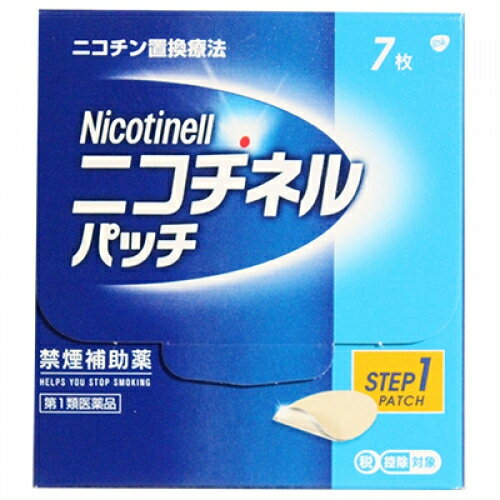 この商品は医薬品です、同梱されている添付文書を必ずお読みください。※商品リニューアル等によりパッケージ及び容量は変更となる場合があります。ご了承ください。* お一人様1回のお買い物につき3 個限りとなります。製造元&nbsp;GSKヘルスケアジャパン(株)タバコをやめたい人のための医薬品です。禁煙時のイライラや集中困難などの症状を緩和し，禁煙を成功に導くことを目的とした禁煙補助薬です。　（タバコを嫌いにさせる作用はありません。）1日1回貼るだけの簡単な使用方法で，あなたの禁煙をサポートします。シンプルな2ステップの禁煙プログラムにより，約2ヵ月で，あなたを無理のない禁煙へと導きます。独自の経皮吸収治療システム（※）により，禁煙に必要なレベルのニコチンを安定して皮ふへ放出します。（※TTS） 医薬品の使用期限 医薬品に関しては特別な表記の無い限り、1年以上の使用期限のものを販売しております。1年以内のものに関しては使用期限を記載します。 名称 禁煙補助剤 内容量 7枚 使用方法・用法及び使用上の注意 最初の6週間はニコチネル パッチ20を1日1回，1枚を起床時から就寝時まで貼付し，次の2週間はニコチネル パッチ10を1日1回，1枚を起床時から就寝時まで貼付してください。禁煙によるイライラなどの症状がなくなり，禁煙を続ける意志が強く，禁煙を続けられる自信がある場合には，6週間のニコチネル パッチ20を使用後，7週目以降のニコチネル パッチ10を使用せずに，本剤の使用を中止してもかまいません。貼付する場所は上腕部，腹部あるいは腰背部に毎日場所を変えて貼付してください。用法関連注意1．定められた用法・用量を厳守してください。2．本剤を一度に2枚以上使用しないでください。3．本剤を切り分けて使用しないでください。4．連続して8週間を超えて使用しないでください。5．次の検査及び治療を受けるときは，本剤をはがしてください。（貼付部位にやけどを生じるおそれがあります。）　（1）MRI　（2）ジアテルミー（高周波療法）　（3）電気的除細動（AED等）■してはいけないこと（守らないと現在の症状が悪化したり，副作用が起こりやすくなります。）1．次の人は使用しないでください。　（1）非喫煙者〔タバコを吸ったことのない人及び現在タバコを吸っていない人〕（はきけ，腹痛，めまいなどの症状があらわれることがあります。）　（2）他のニコチンを含有する製剤を使用している人　（3）妊婦又は妊娠していると思われる人　（4）授乳中の人（乳汁中への移行が認められています。）　（5）重い心臓病を有する人　　1）3ヵ月以内に心筋梗塞の発作を起こした人　　2）重い狭心症と医師に診断された人　　3）重い不整脈と医師に診断された人　（6）急性期脳血管障害（脳梗塞，脳出血等）と医師に診断された人　（7）うつ病と診断されたことのある人（禁煙時の離脱症状により，うつ症状を悪化させることがあります。）　（8）本剤又は本剤の成分によりアレルギー症状（例えば，発疹・発赤，かゆみ，はれ等）を起こしたことがある人2．次の部位には使用しないでください。　湿疹，かぶれ，傷口3．本剤を一度に2枚以上使用しないでください。4．本剤を使用中及び使用直後は，次のことはしないでください。（はきけ，腹痛，めまいなどの症状があらわれることがあります。）　（1）ニコチンガム製剤の使用　（2）喫煙5．本剤を使用中は，サウナの使用や激しい運動はしないでください。（はきけ，腹痛，めまいなどの症状があらわれることがあります。）■相談すること1．次の人は使用前に医師又は薬剤師に相談してください。　（1）医師の治療を受けている人　（2）他の薬を使用している人（他の薬の作用に影響を与えることがあります。）　（3）薬などによりアレルギー症状（例えば，発疹・発赤，かゆみ，はれ等）を起こしたことがある人　（4）高齢者及び20才未満の人　（5）次の診断を受けた人　　心臓病（心筋梗塞，狭心症，不整脈，心不全等），胃・十二指腸潰瘍，高血圧，肝臓病，腎臓病，糖尿病（インスリン製剤を使用している人），甲状腺機能亢進症，褐色細胞腫，脳血管障害（脳梗塞，脳出血等），末梢血管障害（バージャー病等），全身性皮ふ疾患（アトピー性皮ふ炎，湿疹性皮ふ炎），てんかん，経筋接合部疾患（重症筋無力症，イートン・ランバート症候群）　（6）発熱のある人（ニコチンの吸収量が増加し，過量摂取になる可能性があります。）2．次の場合は，直ちに本剤をはがし，石鹸などを使用せずに，皮ふ表面を水で洗い乾燥させてください。それでも症状が続く場合は，この説明文書を持って医師又は薬剤師に相談してください。　（1）使用後，次の症状があらわれた場合［関係部位：症状］皮ふ：発疹・発赤，かぶれ，かゆみ，じんましん，水疱，はれ，色素沈着，痛み，ヒリヒリ感，熱感，皮ふのはがれ，フケの増加経系：不眠，頭痛，めまい，しびれ，悪夢，疲労感，眠気，集中困難，情緒不安定，手足のふるえ，経過敏，感覚障害、不安、気分の落ち込み消化器：悪心・嘔吐，腹痛，胸やけ，食欲不振，消化不良，便秘，下痢，口内炎肝臓：全身のだるさ，皮ふや白目が黄色くなる循環器：動悸，血圧の上昇，胸苦しさ自律経系：口のかわき，ほてり，多汗，だ液の増加，顔が青白くなる呼吸器系：せき，息苦しさ，のどの違和感筋・骨格系：筋肉痛，肩こり，背中の痛み、関節痛その他：口中の苦味，味覚異常，耳鳴り，疼痛，ニコチン臭，不快感，胸の痛み，寒気，むくみ，脱力、目のかすみ、貼付した腕が重く感じる　（2）まれに下記の重篤な症状が起こることがあります。その場合は直ちに医師の診療を受けてください。［症状の名称：症状］ショック（アナフィラキシー）：使用後すぐにじんましん，浮腫，胸苦しさ等とともに，顔色が青白くなり，手足が冷たくなり，冷や汗，息苦しさ等があらわれる。3．次の人は過量摂取になる可能性があります。次の症状があらわれた場合は，直ちに本剤をはがし，石鹸などを使用せずに，皮ふ表面を水で洗い乾燥させ，医師又は薬剤師に相談してください。　（1）過量摂取になる可能性がある人（一般の人に比べて血中濃度が高くなりやすい人）　　1）ニコチン代謝（解毒）酵素活性の低い人（日本人ではニコチンを代謝（解毒）する酵素の能力が低い人が約10人に1人存在することが知られています。）　　2）喫煙本数が少なく，タバコへの依存度の低い人　　3）タバコの煙を深く吸い込まず，ふかすことが多い人　　4）小柄な人ややせている人　（2）過量摂取になると起こる症状（急性ニコチン中毒の可能性があります。）　　悪心・嘔吐，下痢，はげしい腹痛，よだれ，顔が青白くなる，頭痛，発汗，めまい，手足のふるえ，けいれん，聴覚障害，視覚障害，経障害，錯乱，全身の脱力，息苦しさ4．1週間使用しても、タバコの本数が全く減らない場合や、禁煙当初のイライラ、不安、集中困難などの症状が軽くならず、禁煙が続けられない場合は、使用を中止し、この説明文書を持って医師又は薬剤師に相談してください。 効能・効果 禁煙時のイライラ・集中困難・落ち着かないなどの症状の緩和 成分・分量 1枚(20cm2)中成分　分量ニコチン　35mg添加物アミノアルキルメタクリレートコポリマーE，中鎖脂肪酸トリグリセリド，その他1成分 保管および取扱い上の注意 （1）直射日光の当たらない涼しい所に保管してください。（2）小児の手の届かない所に保管してください。（3）他の人に譲り渡さないでください。（4）使用期限のすぎたものは使用しないでください。（5）使用するまでは，袋を開けずに保管してください。誤って袋を開封した場合は，袋の口をテープなどでしっかり閉め，小児の手の届かない所に保管してください。また，使用期限内であっても開封後は，1ヵ月以内に使用してください。（開封してしまったものは，品質の低下が速くなります。）（6）使用後廃棄する場合は，粘着面を内側にして，2つに折り，小児の手の届かない所に捨ててください。（7）本剤は，使用前後ともに小児にとっては相当量のニコチンを含有していますので，重度の中毒症状を生じ，死亡にいたるおそれもあります。未使用及び使用済みの薬剤はいずれも，絶対に小児の手に入ることのないように，取り扱い及び廃棄には注意してください。（8）万一，小児が薬剤を飲み込んだ場合には，無理に吐かせようとしてぬるま湯や牛乳などを飲ませようとせず，直ちに医師の診療を受けてください。（ニコチンを溶解し吸収させやすくなり，腸からの吸収を促進させることがあります。）（9）小児が薬剤を口に入れた場合はすぐに取り出してください。（袋の上からであれば，体内にニコチンが摂取される危険は低いですが，必要に応じて医師の診療を受けてください。） 賞味期限又は使用期限 パッケージに記載 発売元、製造元、輸入元又は販売元、消費者相談窓口 グラクソ・スミスクライン・コンシューマー・ヘルスケア・ジャパン株式会社東京港区赤坂1-8-1電話：0120-099-301 原産国 ドイツ 商品区分 医薬品 広告文責　株式会社レデイ薬局　089-909-3777薬剤師：池水　信也 リスク区分&nbsp; 第1類医薬品