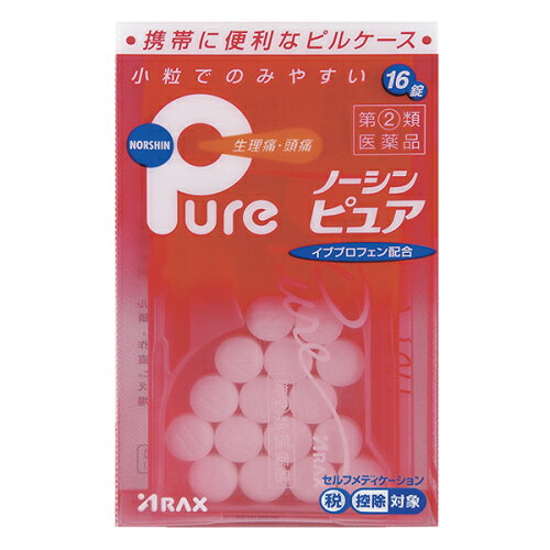 この商品は医薬品です、同梱されている添付文書を必ずお読みください。※商品リニューアル等によりパッケージ及び容量は変更となる場合があります。ご了承ください。* お一人様1回のお買い物につき2 個限りとなります。製造元&nbsp;(株)アラクスノーシンピュアは，痛みや熱のもとになる物質（プロスタグランジン）ができるのをすばやく抑え，すぐれた鎮痛解熱効果を発揮するイブプロフェンに，その効力を高めるアリルイソプロピルアセチル尿素と無水カフェインを配合した鎮痛解熱剤です。・生理痛・頭痛に速く効きます。・イブプロフェンが痛みのもとに作用し，つらい痛みによく効きます。・アリルイソプロピルアセチル尿素，無水カフェインは，イブプロフェンの鎮痛効果を高めます。・小粒でのみやすいフィルムコーティング錠です。 医薬品の使用期限 医薬品に関しては特別な表記の無い限り、1年以上の使用期限のものを販売しております。1年以内のものに関しては使用期限を記載します。 名称 解熱鎮痛薬 内容量 16錠 使用方法・用法及び使用上の注意 次の用量をなるべく空腹時をさけて服用してください。服用間隔は4時間以上おいてください。［年齢：1回量：1日服用回数］大人（15才以上）：2錠：3回を限度とする15才未満の小児：服用しないこと用法関連注意（1）定められた用法・用量を厳守してください。（2）錠剤の取り出し方　錠剤の入っているPTPシートの凸部を指先で強く押して裏面のアルミ箔を破り，取り出して服用してください。（誤ってそのままのみ込んだりすると食道粘膜に突き刺さる等思わぬ事故につながります。）〔PTP包装〕ピルケースの使い方　取り出し口を下に傾けてポケットに錠剤を2錠入れてからスライドさせてください。1回分（2錠）が取り出せます。〔ピルケース入り〕■してはいけないこと（守らないと現在の症状が悪化したり，副作用・事故が起こりやすくなります）1．次の人は服用しないでください　（1）本剤又は本剤の成分によりアレルギー症状を起こしたことがある人。　（2）本剤又は他の解熱鎮痛薬，かぜ薬を服用してぜんそくを起こしたことがある人。　（3）15歳未満の小児。　（4）出産予定日12週以内の妊婦。2．本剤を服用している間は，次のいずれの医薬品も服用しないでください　他の解熱鎮痛薬，かぜ薬，鎮静薬，乗物酔い薬3．服用後，乗物又は機械類の運転操作をしないでください（眠気等があらわれることがあります。）4．服用前後は飲酒しないでください5．長期連用しないでください■相談すること1．次の人は服用前に医師，歯科医師，薬剤師又は登録販売者に相談してください　（1）医師又は歯科医師の治療を受けている人。　（2）妊婦又は妊娠していると思われる人。　（3）授乳中の人。　（4）高齢者。　（5）薬などによりアレルギー症状を起こしたことがある人。　（6）次の診断を受けた人。　　心臓病，腎臓病，肝臓病，全身性エリテマトーデス，混合性結合組織病　（7）次の病気にかかったことのある人。　　胃・十二指腸潰瘍，潰瘍性大腸炎，クローン病2．服用後，次の症状があらわれた場合は副作用の可能性があるので，直ちに服用を中止し，この文書を持って医師，歯科医師，薬剤師又は登録販売者に相談してください［関係部位：症状］皮膚：発疹・発赤，かゆみ，青あざができる消化器：吐き気・嘔吐，食欲不振，胃部不快感，胃痛，口内炎，胸やけ，胃もたれ，胃腸出血，腹痛，下痢，血便経系：めまい循環器：動悸呼吸器：息切れその他：目のかすみ，耳なり，むくみ，鼻血，歯ぐきの出血，出血が止まりにくい，出血，背中の痛み，過度の体温低下，からだがだるいまれに下記の重篤な症状が起こることがあります。その場合は直ちに医師の診療を受けてください。［症状の名称：症状］ショック（アナフィラキシー）：服用後すぐに，皮膚のかゆみ，じんましん，声のかすれ，くしゃみ，のどのかゆみ，息苦しさ，動悸，意識の混濁等があらわれる。皮膚粘膜眼症候群（スティーブンス・ジョンソン症候群），中毒性表皮壊死融解症：高熱，目の充血，目やに，唇のただれ，のどの痛み，皮膚の広範囲の発疹・発赤等が持続したり，急激に悪化する。肝機能障害：発熱，かゆみ，発疹，黄疸（皮膚や白目が黄色くなる），褐色尿，全身のだるさ，食欲不振等があらわれる。腎障害：発熱，発疹，尿量の減少，全身のむくみ，全身のだるさ，関節痛（節々が痛む），下痢等があらわれる。無菌性髄膜炎：首すじのつっぱりを伴った激しい頭痛，発熱，吐き気・嘔吐等があらわれる。（このような症状は，特に全身性エリテマトーデス又は混合性結合組織病の治療を受けている人で多く報告されている。）ぜんそく：息をするときゼーゼー，ヒューヒューと鳴る，息苦しい等があらわれる。再生不良性貧血：青あざ，鼻血，歯ぐきの出血，発熱，皮膚や粘膜が青白くみえる，疲労感，動悸，息切れ，気分が悪くなりくらっとする，血尿等があらわれる。無顆粒球症：突然の高熱，さむけ，のどの痛み等があらわれる。3．服用後，次の症状があらわれることがあるので，このような症状の持続又は増強が見られた場合には，服用を中止し，この文書を持って医師，薬剤師又は登録販売者に相談してください　便秘，眠気4．5〜6回服用しても症状がよくならない場合は服用を中止し，この文書を持って医師，歯科医師，薬剤師又は登録販売者に相談してください 効能・効果 生理痛・頭痛・腰痛・歯痛・咽喉痛・関節痛・筋肉痛・経痛・肩こり痛・抜歯後の疼痛・打撲痛・耳痛・骨折痛・ねんざ痛・外傷痛の鎮痛，悪寒・発熱時の解熱 成分・分量 2錠中　成分　分量イブプロフェン 150mgアリルイソプロピルアセチル尿素 60mg無水カフェイン 80mg添加物無水ケイ酸，ヒドロキシプロピルセルロース，クロスカルメロースナトリウム(クロスCMC-Na)，セルロース，ステアリン酸マグネシウム，ヒプロメロース(ヒドロキシプロピルメチルセルロース)，酸化チタン，タルク，マクロゴール，カルナウバロウ 保管および取扱い上の注意 （1）直射日光の当たらない湿気の少ない涼しい所に保管してください。（2）小児の手の届かない所に保管してください。（3）他の容器に入れ替えないでください（誤用の原因になったり品質が変わります。）。（4）使用期限をすぎた製品は服用しないでください。（5）車の中など，高温になる所に置かないでください。 賞味期限又は使用期限 パッケージに記載 発売元、製造元、輸入元又は販売元、消費者相談窓口 株式会社アラクス〒460-0002　名古屋市中区丸の内3丁目2-26電話：0120-225-081（受付時間：9：00～16：30土・　日・祝日を除く） 原産国 日本 商品区分 医薬品 広告文責　株式会社レデイ薬局　089-909-3777薬剤師：池水　信也 リスク区分&nbsp; 第(2)類医薬品