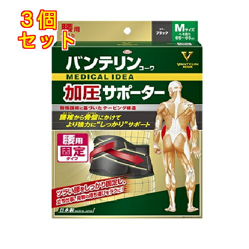 バンテリンコーワサポーター 腰用固定タイプ 男女性用 ふつうサイズ（胴囲65-85cm）ブラック 1枚入×3個