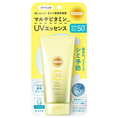 ※商品リニューアル等によりパッケージ及び容量は変更となる場合があります。ご了承ください。日やけによるシミ・肌あれを防いで、未来の美肌を変える。マルチビタミンUVエッセンス。マルチビタミン（保湿）配合。水感あふれるエッセンスがなめらかに密着し、毎日の紫外線から素肌をまもりぬきます。 名称 日焼止め 内容量 80g 使用方法・用法及び使用上の注意 ・充分な量を肌にムラなくなじませます。・使用量が少ないと、充分な日やけ止め効果が得られません。・ぬれた肌にお使いになる場合は、軽く水気をきって使用し、肌をタオルでふいたあとなども、こまめに塗りなおしてください。※落とすときは、洗浄料などでていねいに洗ってください。 成分・分量 ・水、エタノール、メトキシケイヒ酸エチルヘキシル、安息香酸アルキル（C12-15）・ジ（カプリル酸／カプリン酸）PG、エチルヘキシルトリアゾン、ビスエチルヘキシルオキシフェノールメトキシフェニルトリアジン、ジエチルアミノヒドロキシベンゾイル安息香酸ヘキシル、BG、シリカ、イソドデカン、DPG、サリチル酸エチルヘキシル、テトラヘキシルデカン酸アスコルビル、トコフェロール、ナイアシンアミド、パルミチン酸レチノール、パンテノール、ピリドキシンHCl、ライム果汁、レモン果実エキス、酢酸トコフェロール、BHT、PEG-10水添ヒマシ油、TEA、（アクリレーツ／アクリル酸アルキル（C10-30））クロスポリマー、（アクリレーツ／メタクリル酸ベヘネス-25）コポリマー、（アクリロイルジメチルタウリンアンモニウム／メタクリル酸ベヘネス-25）クロスポリマー、（ジメチコン／フェニルビニルジメチコン）クロスポリマー、カルボマー、キサンタンガム、コーン油、ジフェニルシロキシフェニルトリメチコン、スクワラン、ステアリン酸イヌリン、ステアリン酸ポリグリセリル-10、トリメチルシロキシケイ酸、香料 保管および取扱い上の注意 ・高温の場所や日のあたる場所には、置かないでください。 発売元、製造元、輸入元又は販売元、消費者相談窓口 コーセーコスメポート株式会社〒103-0027　東京中央区日本橋3-6-2電話：0800-222-2202 原産国 日本 商品区分 化粧品 広告文責　株式会社レデイ薬局　089-909-3777薬剤師：池水　信也,,
