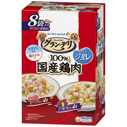 グラン・デリ　国産鶏ささみパウチ　ほぐし　成犬用　ビーフ入り＆さつまいも入り　8袋
