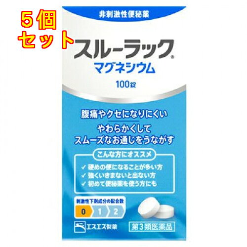 1個2個セット3個セットこの商品は医薬品です、同梱されている添付文書を必ずお読みください。※商品リニューアル等によりパッケージ及び容量は変更となる場合があります。ご了承ください。スルーラックマグネシウムは、腸を刺激しないので、腹痛やクセになりにくい非刺激性便秘薬です。酸化マグネシウムの働きにより、腸に水分を集めて便をやわらかくすることで、スムーズなお通じを促します。初めて便秘薬を使う方にもおすすめです。 医薬品の使用期限 医薬品に関しては特別な表記の無い限り、1年以上の使用期限のものを販売しております。1年以内のものに関しては使用期限を記載します。 名称 便秘薬 内容量 100錠 使用方法・用法及び使用上の注意 次の1回量を1日1回、就寝前（又は空腹時）に水又はぬるま湯で服用してください。ただし、初回は最小量を用い、便通の具合や状態をみながら少しずつ増量又は減量してください。年齢・・・1回量成人（15才以上）・・・3～6錠11才～14才・・・2～4錠7才～10才・・・2～3錠5才～6才・・・1～2錠5才未満・・・服用しないこと●空腹時の目安：食後なるべく2時間以上【用法・用量に関連する注意】（1）用法・用量を厳守してください。（2）小児に服用させる場合には、保護者の指導監督のもとに服用させてください。（3）本剤を口に含み、コップ1杯（約180mL）の水又はぬるま湯で服用してください。してはいけないこと（守らないと現在の症状が悪化したり、副作用が起こりやすくなります。）1．本剤を服用している間は、次の医薬品を服用しないでください　他の瀉下薬（下剤）相談すること1．次の人は服用前に医師、薬剤師又は登録販売者に相談してください　（1）医師の治療を受けている人。　（2）妊婦又は妊娠していると思われる人。　（3）高齢者。　（4）次の症状のある人。　はげしい腹痛、吐き気・嘔吐　（5）次の診断を受けた人。　腎臓病2．服用後、次の症状があらわれた場合は副作用の可能性があるので、直ちに服用を中止し、説明書を持って医師、薬剤師又は登録販売者に相談してください関係部位：症状　消化器：はげしい腹痛、吐き気・嘔吐　経系：強い眠気、意識がうすれる　循環器：立ちくらみ、脈が遅くなる　呼吸器：息苦しい　その他：筋力の低下、口のかわき3．服用後、次の症状があらわれることがあるので、このような症状の持続又は増強が見られた場合には、服用を中止し、説明書を持って医師、薬剤師又は登録販売者に相談してください　下痢4．1週間位服用しても症状がよくならない場合は服用を中止し、説明書を持って医師、薬剤師又は登録販売者に相談してください 効能・効果 ●便秘●便秘に伴う次の症状の緩和：腹部膨満、肌あれ、吹出物、腸内異常醗酵、食欲不振（食欲減退）、痔、頭重、のぼせ 成分・分量 酸化マグネシウム・・・2000mg（腸に水分を集めて便をやわらかくすることで、スムーズなお通じを促します）添加物：セルロース、カルメロースCa、ステアリン酸Ca、l-メントール 保管および取扱い上の注意 樹脂容器入り品、PTPシート入り品共通の事項（1）直射日光の当たらない湿気の少ない涼しい所に保管してください。（2）小児の手の届かない所に保管してください。（3）他の容器に入れ替えないでください。（誤用の原因になったり品質が変わることがあります。）（4）使用期限をすぎたものは服用しないでください。樹脂容器入り品についての事項（1）容器のフタはよくしめてください。しめ方が不十分ですと湿気などのため変質することがあります。また、本剤をぬれた手で扱わないでください。（2）容器の中のつめ物は、輸送中に錠剤が破損するのを防ぐためのものです。開封後は不要となりますので取り除いてください。 賞味期限又は使用期限 パッケージに記載 発売元、製造元、輸入元又は販売元、消費者相談窓口 エスエス製薬株式会社〒163-1444　東京新宿区西新宿3丁目20番2号 東京オペラシティタワー 44F電話：0120-028-193（受付時間　9：00-17：00土日祝日を除く） 原産国 日本 商品区分 医薬品 広告文責　株式会社レデイ薬局　089-909-3777薬剤師：池水　信也 リスク区分&nbsp; 第3類医薬品 ,,【第3類医薬品】
