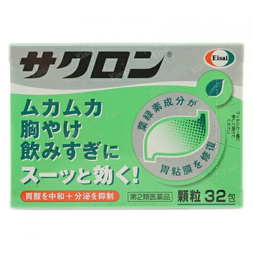 この商品は医薬品です、同梱されている添付文書を必ずお読みください。※商品リニューアル等によりパッケージ及び容量は変更となる場合があります。ご了承ください。胃のムカムカや胸やけは，胃酸が出過ぎることで起こることがあります。また，過度な飲酒によりアルコールが胃粘膜自体を直接刺激することも原因となります。サクロンは，出過ぎた胃酸の働きを弱め（中和），分泌を抑制し，荒れた胃粘膜を葉緑素から作られた緑の成分で修復・保護します。ムカムカ・胸やけ・飲みすぎに。サクロンはスーッと飲めば，スーッと効きます。 医薬品の使用期限 医薬品に関しては特別な表記の無い限り、1年以上の使用期限のものを販売しております。1年以内のものに関しては使用期限を記載します。 名称 制酸薬 内容量 32包 使用方法・用法及び使用上の注意 次の量を食間および就寝前の空腹時に水またはお湯で服用してください。［年齢：1回量：服用回数］成人（15歳以上）：1包：1日3回8歳以上15歳未満：1／2包：1日3回8歳未満：服用しないこと＊食間とは，食後2時間ほど経過し，胃の中に食べた物がほぼなくなっている時です。用法関連注意小児（8歳以上15歳未満）に服用させる場合には，保護者の指導監督のもとに服用させてください。■してはいけないこと［守らないと現在の症状が悪化したり，副作用が起こりやすくなる］1．本剤を服用している間は，次の医薬品を服用しないでください。　胃腸鎮痛鎮痙薬2．授乳中の人は本剤を服用しないか，本剤を服用する場合は授乳を避けてください。　（母乳に移行して乳児の脈が速くなることがあります。）■相談すること1．次の人は服用前に医師，薬剤師又は登録販売者に相談してください。　（1）医師の治療を受けている人　（2）妊婦又は妊娠していると思われる人　（3）高齢者　（4）薬などによりアレルギー症状を起こしたことがある人　（5）次の症状のある人　　排尿困難　（6）次の診断を受けた人　　腎臓病，心臓病，緑内障，甲状腺機能障害2．服用後，次の症状があらわれた場合は副作用の可能性があるので，直ちに服用を中止し，この説明書を持って医師，薬剤師又は登録販売者に相談してください。［関係部位：症状］皮膚：発疹・発赤，かゆみ3．服用後，次の症状があらわれることがあるので，このような症状の持続又は増強が見られた場合には，服用を中止し，この説明書を持って医師，薬剤師又は登録販売者に相談してください。　口のかわき，便秘，下痢4．2週間位服用しても症状がよくならない場合は服用を中止し，この説明書を持って医師，薬剤師又は登録販売者に相談してください。その他の注意■その他の注意母乳が出にくくなることがあります。 効能・効果 胸やけ，飲み過ぎ，胃痛，胃酸過多，胃もたれ，胃部不快感，胃部膨満感，胃重，胸つかえ，げっぷ，吐き気（むかつき，胃のむかつき，二日酔・悪酔のむかつき，嘔気，悪心），嘔吐 成分・分量 3包(3.84g)中　成分 分量銅クロロフィリンカリウム 120mg無水リン酸水素カルシウム 1020mg沈降炭酸カルシウム 1020mg水酸化マグネシウム 960mgロートエキス 30mg添加物トウモロコシデンプン，ヒドロキシプロピルセルロース，l-メントール，香料，塩化カリウム，ケイヒ，ポビドン 保管および取扱い上の注意 （1）直射日光の当たらない湿気の少ない涼しい所に保管してください。（2）小児の手の届かない所に保管してください。（3）他の容器に入れ替えないでください。（誤用の原因になったり品質が変わります。）（4）1包を分割した残りを服用する時は，袋の口を折り返して保管し，2日をすぎた場合には服用しないでください。（5）使用期限をすぎた製品は使用しないでください。 発売元、製造元、輸入元又は販売元、消費者相談窓口 会社名：エーザイ問い合わせ先：お客様ホットライン電話：フリーダイヤル　0120-161-454受付時間：平日9：00～18：00（土・日・祝日9：00～17：00）製造販売会社会社名：サンノーバ株式会社住所：群馬県太田市世良田町3038-2 原産国 日本 商品区分 医薬品 広告文責　株式会社レデイ薬局　089-909-3777薬剤師：池水　信也 リスク区分&nbsp; 第2類医薬品 サクロン,胃腸薬,【第2類医薬品】