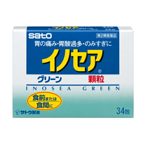 この商品は医薬品です、同梱されている添付文書を必ずお読みください。※商品リニューアル等によりパッケージ及び容量は変更となる場合があります。ご了承ください。荒れた胃の粘膜を保護・修復するスクラルファート水和物をはじめ，過剰の胃酸を中和するメタケイ酸アルミン酸マグネシウム，胃酸の分泌を抑える働きがあるロートエキスなどを配合したグリーンの顆粒の胃腸薬です。 医薬品の使用期限 医薬品に関しては特別な表記の無い限り、1年以上の使用期限のものを販売しております。1年以内のものに関しては使用期限を記載します。 名称 胃腸薬 内容量 34包 使用方法・用法及び使用上の注意 下記の1回服用量を食前又は食間に服用します。年齢：［1回服用量：1日服用回数］大人(15才以上)：1包：3回15才未満：服用しないでください用法関連注意定められた用法・用量を厳守してください。■してはいけないこと（守らないと現在の症状が悪化したり，副作用・事故が起こりやすくなります）1.次の人は服用しないでください　透析療法を受けている人。2.本剤を服用している間は，次の医薬品を服用しないでください　胃腸鎮痛鎮痙薬3.授乳中の人は本剤を服用しないか，本剤を服用する場合は授乳を避けてください（母乳に移行して乳児の脈が速くなることがあります。）4.長期連用しないでください■相談すること1.次の人は服用前に医師，薬剤師又は登録販売者にご相談ください　（1）医師の治療を受けている人。　（2）妊婦又は妊娠していると思われる人。　（3）高齢者。　（4）薬などによりアレルギー症状を起こしたことがある人。　（5）次の症状のある人。　　排尿困難　（6）次の診断を受けた人。　　腎臓病，心臓病，緑内障2.服用後，次の症状があらわれた場合は副作用の可能性がありますので，直ちに服用を中止し，この文書を持って医師，薬剤師又は登録販売者にご相談ください[関係部位：症状]皮膚発疹・発赤，かゆみ3.服用後，次の症状があらわれることがありますので，このような症状の持続又は増強が見られた場合には，服用を中止し，医師，薬剤師又は登録販売者にご相談ください　口のかわき，便秘，下痢4.2週間位服用しても症状がよくならない場合は服用を中止し，この文書を持って医師，薬剤師又は登録販売者にご相談くださいその他の注意 母乳が出にくくなることがあります。 効能・効果 胃痛，胸やけ，げっぷ（おくび），胃酸過多，のみすぎ（過飲），はきけ（むかつき，胃のむかつき，二日酔・悪酔のむかつき，嘔気，悪心），嘔吐，胃部不快感，胸つかえ，もたれ（胃もたれ），胃部膨満感，胃重 成分・分量 1包（1.5g）中　成分　分量　内訳スクラルファート水和物 500mgメタケイ酸アルミン酸マグネシウム 500mgロートエキス 10mgソウジュツ乾燥エキス 20mg（蒼朮200mgに相当）添加物炭酸Ca，CMC-Ca，マクロゴール，白糖，銅クロロフィリンNa，ポビドン，香料（l - メントールを含む） 保管および取扱い上の注意 （1）直射日光の当たらない湿気の少ない涼しい所に保管してください。（2）小児の手の届かない所に保管してください。（3）他の容器に入れ替えないでください。（誤用の原因になったり品質が変わるおそれがあります。）（4）使用期限をすぎた製品は，服用しないでください。 賞味期限又は使用期限 パッケージに記載 発売元、製造元、輸入元又は販売元、消費者相談窓口 佐藤製薬株式会社東京港区元赤坂1丁目5番27号電話：03-5412-7393(受付時間：9：00～17：00土日祝日除く) 原産国 日本／台湾 商品区分 医薬品 広告文責　株式会社レデイ薬局　089-909-3777薬剤師：池水　信也 リスク区分&nbsp; 第2類医薬品 胃腸薬,胃薬,【第2類医薬品】