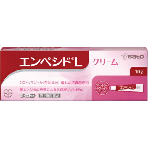 この商品は医薬品です、同梱されている添付文書を必ずお読みください。※商品リニューアル等によりパッケージ及び容量は変更となる場合があります。ご了承ください。製造元&nbsp;佐藤製薬(株)エンペシドLクリームは、イミダゾール系の抗真菌成分クロトリマゾールを有効成分とする、腟カンジダの再発による外陰部症状の治療薬です。腟カンジダの再発による外陰部のかゆみに、1日2～3回適量を患部に塗布してください。 医薬品の使用期限 医薬品に関しては特別な表記の無い限り、1年以上の使用期限のものを販売しております。1年以内のものに関しては使用期限を記載します。 名称 婦人薬 内容量 10g 使用方法・用法及び使用上の注意 成人（15歳以上60歳未満）、1日2～3回適量を患部に塗布する。ただし、3日間使用しても症状の改善がみられないか、6日間使用しても症状が消失しない場合は医師の診療を受けること。（1）外陰部症状のみの場合：本剤を使用すること。ただし、腟剤（腟に挿入する薬）を併用することが望ましい。（2）腟症状（おりもの、熱感等）を伴う場合：腟剤（腟に挿入する薬）を併用すること。用法関連注意（1）定められた用法・用量を厳守してください。（2）目に入らないようにご注意ください。万一、目に入った場合は、すぐに水又はぬるま湯で洗い、直ちに眼科医の診療を受けてください。（3）この薬は腟周辺（外陰）にのみ使用してください。（4）使用前後は、手指を石けんでよく洗ってください。（5）生理中は使用しないでください。使用中に生理になった場合は使用を中止してください。その場合は、治癒等の確認が必要であることから、医師の診療を受けてください。■してはいけないこと（守らないと現在の症状が悪化したり、副作用が起こりやすくなります）1．次の人は使用しないでください（1）初めて発症したと思われる人。（初めて症状があらわれた場合は、他の疾病が原因の場合があり、その場合は医師の診療を受ける必要があります）（2）本剤又は本剤の成分によりアレルギー症状を起こしたことがある人。（本剤の使用により再びアレルギー症状を起こす可能性があります）（3）15歳未満又は60歳以上の人。（15歳未満の人は初めて発症した可能性が高く、また60歳以上の人は他の疾病の可能性や他の菌による複合感染の可能性があるため）（4）妊婦又は妊娠していると思われる人。（薬の使用には慎重を期し、医師の診療を受ける必要があります）（5）発熱、悪寒、下腹部痛、背中や肩の痛み、色のついた又は血に染まったおりもの、魚臭いおりもの、生理の停止、腟からの不規則又は異常な出血、腟又は外陰部における潰瘍、浮腫又はただれがある人。（他の疾病の可能性がありますので、医師の診療を受ける必要があります）（6）次の診断を受けた人。糖尿病（頻繁に本疾病を繰り返す可能性が高いので、医師の診療を受ける必要があります）（7）本疾病を頻繁に繰り返している人。（1～2ヵ月に1回又は6ヵ月以内に2回以上腟カンジダの再発を繰り返す人は、他の疾病が潜んでいる可能性もあります）（8）腟カンジダの再発かわからない人。（自己判断できない場合は医師の診療を受ける必要があります）2．次の部位には使用しないでください腟周辺（外陰）以外の部位。（本剤は外陰部以外に使用する製品ではありません）■相談すること1．次の人は使用前に医師又は薬剤師にご相談ください（1）医師の治療を受けている人。（医師から処方されている薬に影響したり、本剤と同じ薬を使用している可能性もあります）（2）薬などによりアレルギー症状を起こしたことがある人。（薬などでアレルギーを起こした人は、本剤でも起こる可能性があります）（3）授乳中の人。（薬の使用には慎重を期す必要があります）2．使用後、次の症状の持続・増強又は発現がみられた場合は副作用の可能性がありますので、直ちに使用を中止し、この文書を持って医師又は薬剤師にご相談ください関係部位：腟周辺の皮膚（外陰）症状：刺激感、皮膚炎、発赤・紅斑（赤い発疹）、皮膚のただれ、小さく盛り上がった発疹、熱感、かゆみ、痛み3．3日間使用しても症状の改善がみられないか、6日間使用しても症状が消失しない場合は医師の診療を受けてください。なお、本剤の単独使用で効果がない場合も、自己判断で治療を行わず、医師の診療を受けてください（症状が重いか他の疾病の可能性があります） 効能・効果 腟カンジダの再発による、発疹を伴う外陰部のかゆみ（過去に医師の診断・治療を受けた方に限る）ただし、腟症状（おりもの、熱感等）を伴う場合は、必ず腟剤（腟に挿入する薬）を併用すること。 成分・分量 %　成分　分量クロトリマゾール 1％添加物ステアリン酸ソルビタン、ポリソルベート60、ミリスチン酸セチル、セトステアリルアルコール、オクチルドデカノール、ベンジルアルコール 保管および取扱い上の注意 （1）直射日光の当たらない湿気の少ない涼しいところに密栓して保管してください。（2）小児の手の届かないところに保管してください。（3）他の容器に入れ替えないでください。（誤用の原因になったり品質が変わるおそれがあります）（4）コンドームやペッサリー等の避妊用ラテックス製品との接触を避けてください。（これらの製品が劣化・破損することがあります）（5）使用期限を過ぎた製品は、使用しないでください。なお、使用期限内であっても、開封後はなるべくはやく使用してください。（品質保持のため） 賞味期限又は使用期限 パッケージに記載 発売元、製造元、輸入元又は販売元、消費者相談窓口 佐藤製薬株式会社東京港区元赤坂1丁目5番27号電話：03-5412-7393(受付時間：9：00～17：00土日祝日除く) 原産国 日本 商品区分 医薬品 広告文責　株式会社レデイ薬局　089-909-3777薬剤師：池水　信也 リスク区分&nbsp; 第1類医薬品