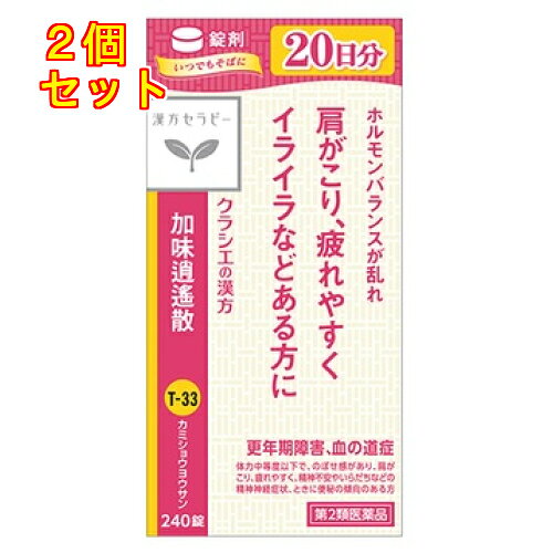 1個3個セット4個セット5個セットこの商品は医薬品です、同梱されている添付文書を必ずお読みください。※商品リニューアル等によりパッケージ及び容量は変更となる場合があります。ご了承ください。体力中等度以下で疲れやすい方の更年期障害や、血の道症などに効果がある漢方薬です。 医薬品の使用期限 医薬品に関しては特別な表記の無い限り、1年以上の使用期限のものを販売しております。1年以内のものに関しては使用期限を記載します。 名称 漢方薬 内容量 240錠 使用方法・用法及び使用上の注意 次の量を1日3回食前又は食間に水又は白湯にて服用。［年齢：1回量：1日服用回数］　成人（15才以上）：4錠：3回　15才未満7才以上：3錠：3回　7才未満5才以上：2錠：3回　5才未満：服用しないこと用法関連注意用法・用量に関連する注意小児に服用させる場合には，保護者の指導監督のもとに服用させてください。成分に関連する注意本剤は天然物（生薬）のエキスを用いていますので，錠剤の色が多少異なることがあります。また本剤は，生薬油成分（においのする成分）を含んだエキスを使用しておりますので，漢方薬特有のにおいがします。■相談すること1．次の人は服用前に医師，薬剤師又は登録販売者に相談してください　（1）医師の治療を受けている人　（2）妊婦又は妊娠していると思われる人　（3）胃腸の弱い人　（4）今までに薬などにより発疹・発赤，かゆみ等を起こしたことがある人　2．服用後，次の症状があらわれた場合は副作用の可能性があるので，直ちに服用を中止し，この文書を持って医師，薬剤師又は登録販売者に相談してください［関係部位：症状］　皮膚：発疹・発赤，かゆみ　消化器：吐き気・嘔吐，食欲不振，胃部不快感まれに下記の重篤な症状が起こることがある。その場合は直ちに医師の診療を受けてください。［症状の名称：症状］　　肝機能障害：発熱，かゆみ，発疹，黄疸（皮膚や白目が黄色くなる），褐色尿，全身のだるさ，食欲不振等があらわれる。　　腸間膜静脈硬化症：長期服用により，腹痛，下痢，便秘，腹部膨満等が繰り返しあらわれる。3．服用後，次の症状があらわれることがあるので，このような症状の持続又は増強が見られた場合には，服用を中止し，この文書を持って医師，薬剤師又は登録販売者に相談してください　　下痢4．1ヵ月位服用しても症状がよくならない場合は服用を中止し，この文書を持って医師，薬剤師又は登録販売者に相談してください5．長期連用する場合には，医師，薬剤師又は登録販売者に相談してください 効能・効果 体力中等度以下で，のぼせ感があり，肩がこり，疲れやすく，不安やいらだちなどの経症状，ときに便秘の傾向のあるものの次の症：冷え症，虚弱体質，月経不順，月経困難，更年期障害，血の道症，不眠症効能関連注意 「血の道症」とは，月経，妊娠，出産，産後，更年期など女性のホルモンの変動に伴って現れる不安やいらだちなどの経症状および身体症状を指します。 成分・分量 12錠（1錠380mg）中　成分　分量　内訳加味逍遙散エキス（3/5量） 2,460mg （トウキ・シャクヤク・ビャクジュツ・ブクリョウ・サイコ各1.8g，ボタンピ・サンシシ各1.2g，カンゾウ0.9g，ショウキョウ0.3g，ハッカ0.6gより抽出。）添加物セルロース，二酸化ケイ素，クロスCMC-Na，クロスポビドン，ステアリン酸マグネシウム 保管および取扱い上の注意 （1）直射日光の当たらない湿気の少ない涼しい所に密栓して保管してください。（2）小児の手の届かない所に保管してください。（3）他の容器に入れ替えないでください。　　（誤用の原因になったり品質が変わります。）（4）ビンの中の詰物は，輸送中に錠剤が破損するのを防ぐためのものです。開栓後は不要となりますのですててください。（5）使用期限を過ぎた製品は服用しないでください。（6）水分が錠剤につきますと，変色または色むらを生じることがありますので，誤って水滴を落としたり，ぬれた手で触れないでください。 賞味期限又は使用期限 パッケージに記載 発売元、製造元、輸入元又は販売元、消費者相談窓口 クラシエ薬品株式会社〒108-8080　東京港区海岸3-20-20電話：03-5446-3381 原産国 日本 商品区分 医薬品 広告文責　株式会社レデイ薬局　089-909-3777薬剤師：池水　信也 リスク区分&nbsp; 第2類医薬品 冷え性,加味逍遙散料,【第2類医薬品】