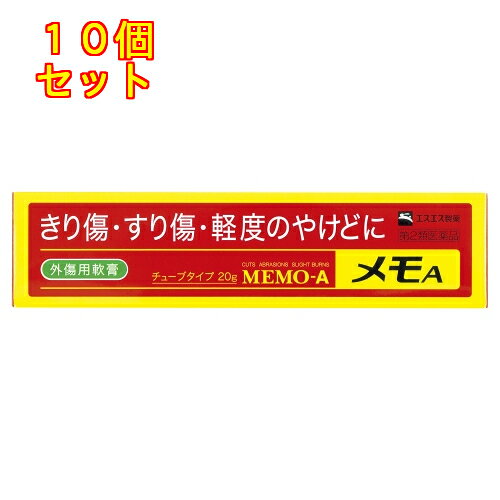 1個3個セット5個セットこの商品は医薬品です、同梱されている添付文書を必ずお読みください。※商品リニューアル等によりパッケージ及び容量は変更となる場合があります。ご了承ください。メモAは、殺菌剤、傷の痛みをしずめる局所麻酔剤、傷の治りをはやめる成分などを配合したなめらかで伸びのよい軟膏です。有効成分が、きり傷、すり傷、やけどなどにすぐれた効果をあらわします。ご家庭の常備薬として、またスポーツ時や旅行の際の携帯薬としてご使用いただけます。 医薬品の使用期限 医薬品に関しては特別な表記の無い限り、1年以上の使用期限のものを販売しております。1年以内のものに関しては使用期限を記載します。 名称 傷薬 内容量 20g 使用方法・用法及び使用上の注意 1日数回、適量を患部に塗布してください。用法関連注意 （1）小児に使用させる場合には、保護者の指導監督のもとに使用させてください。（2）目に入らないように注意してください。万一、目に入った場合には、すぐに水又はぬるま湯で洗ってください。なお、症状が重い場合には、眼科医の診療を受けてください。（3）外用にのみ使用してください。■してはいけないこと（守らないと現在の症状が悪化したり、副作用が起こりやすくなります。）1．次の人は使用しないでください　本剤又は本剤の成分、クロルヘキシジンによりアレルギー症状を起こしたことがある人。■相談すること1．次の人は使用前に医師、薬剤師又は登録販売者に相談してください　（1）医師の治療を受けている人。　（2）薬などによりアレルギー症状を起こしたことがある人。　（3）患部が広範囲の人。　（4）深い傷やひどいやけどの人。2．使用後、次の症状があらわれた場合は副作用の可能性があるので、直ちに使用を中止し、この説明書を持って医師、薬剤師又は登録販売者に相談してください［関係部位：症状］皮膚：発疹・発赤、かゆみまれに下記の重篤な症状が起こることがあります。その場合は直ちに医師の診療を受けてください。［症状の名称：症状］ショック（アナフィラキシー）：使用後すぐに、皮膚のかゆみ、じんましん、声のかすれ、くしゃみ、のどのかゆみ、息苦しさ、動悸、意識の混濁等があらわれる。3．5～6日間使用しても症状がよくならない場合は使用を中止し、この説明書を持って医師、薬剤師又は登録販売者に相談してください 効能・効果 ○きり傷、すり傷、さし傷、かき傷、靴ずれ○軽度のやけど○創傷面の殺菌・消毒 成分・分量 1g中　成分　分量クロルヘキシジングルコン酸塩液 10mgジブカイン塩酸塩 3mgアラントイン 10mgトコフェロール酢酸エステル（ビタミンE酢酸エステル） 1mg酸化亜鉛 50mg添加物パラフィン、ワセリン、サラシミツロウ、トリオレイン酸ソルビタン、フェノール、チモール、香料 保管および取扱い上の注意 （1）直射日光の当たらない涼しい所にフタをよくしめて保管してください。（2）小児の手の届かない所に保管してください。（3）他の容器に入れ替えないでください。（誤用の原因になったり品質が変わることがあります。）（4）使用期限をすぎたものは使用しないでください。 賞味期限又は使用期限 パッケージに記載 発売元、製造元、輸入元又は販売元、消費者相談窓口 エスエス製薬株式会社〒163-1444　東京新宿区西新宿3丁目20番2号 東京オペラシティタワー 44F電話：0120-028-193（受付時間　9：00-17：00土日祝日を除く） 原産国 日本 商品区分 医薬品 広告文責　株式会社レデイ薬局　089-909-3777薬剤師：池水　信也 リスク区分&nbsp; 第2類医薬品 殺菌,消毒薬,【第2類医薬品】
