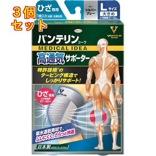 1個2個セット※商品リニューアル等によりパッケージ及び容量は変更となる場合があります。ご了承ください。ひざのブレを減らして、ひざの負担やグラつきからくる不安感を軽減します。通気性の良い生地を採用し長時間着用してもムレにくくさらっと快適に使用できます。左右共通。ムレにくく、さらっと快適。サポーター着用時の不快なムレをさらに抑えるために、一部に薄くて通気性の良いドライメッシュ編みを採用。また、快適性を高めるため肌側には吸水速乾素材を採用しました。テーピング機能を維持しながら、長時間着用してもムレにくくさらっと快適に使用できます。ひざ頭を支え、左右にブレにくい。U字型のテーピング編みが、ひざのお皿を持ち上げるようにサポートし、左右のブレを抑え、ひざを伸ばす力を助けます。曲げ伸ばししやすく、ムレにくい。スリットニット構造によりひざ頭部は伸びやすく、動きを妨げにくくします。ひざ裏部はムレや屈曲時の不快な食い込みを抑制します。 名称 膝用サポーター 内容量 1枚 使用方法・用法及び使用上の注意 サイズの選び方・イス等に座りひざを軽く曲げた状態で、ひざ頭の周囲(cm)を測ってください。・ふつう Mサイズ：34-37cm・大きめ Lサイズ：37-40cm・2つのサイズに該当する場合、大きいサイズをおすすめします。使用方法1. Vマークの方から脚を通してください。2. U字型編みが、ひざの皿を下から支えるような位置に合わせ、 脚を伸ばした状態で、たるみがないように調整してください。 原材料 ・ナイロン、ポリウレタン 発売元、製造元、輸入元又は販売元、消費者相談窓口 興和株式会社東京中央区日本橋本町3-4-14電話：03-3279-7560(ライフサポート品) 原産国 日本 商品区分 衛生用品 広告文責　株式会社レデイ薬局　089-909-3777薬剤師：池水　信也,,