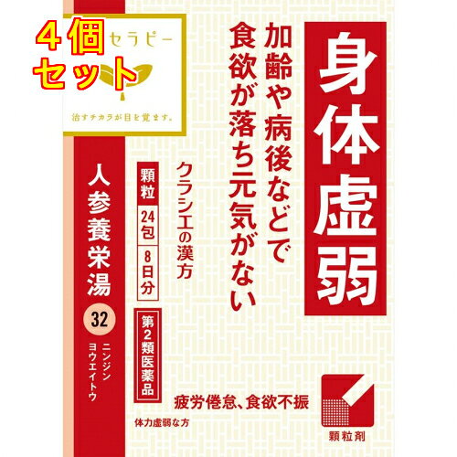 1個2個セット3個セット5個セットこの商品は医薬品です、同梱されている添付文書を必ずお読みください。※商品リニューアル等によりパッケージ及び容量は変更となる場合があります。ご了承ください。「人参養栄湯」は、漢方の古典といわれる中国の医書「和剤局方」に収載されている薬方です。胃腸消化力の低下、疲れて体がだるい、貧血、手足が冷えるなどの症状や、病後の体力が低下した時などに用いられます。 医薬品の使用期限 医薬品に関しては特別な表記の無い限り、1年以上の使用期限のものを販売しております。1年以内のものに関しては使用期限を記載します。 名称 漢方薬 内容量 24包(8日分) 使用方法・用法及び使用上の注意 次の量を1日3回食前又は食間に水又は白湯にて服用。［年齢：1回量：1日服用回数］　成人（15才以上）：1包：3回　15才未満7才以上：2/3包：3回　7才未満4才以上：1/2包：3回　4才未満2才以上：1/3包：3回　2才未満：服用しないこと用法関連注意〈用法・用量に関連する注意〉小児に服用させる場合には，保護者の指導監督のもとに服用させてください。〈成分に関連する注意〉（1）本剤の服用により，糖尿病の検査値に影響を及ぼすことがあります。（2）本剤は天然物（生薬）のエキスを用いていますので，顆粒の色が多少異なることがあります。■相談すること1．次の人は服用前に医師，薬剤師又は登録販売者に相談してください　（1）医師の治療を受けている人　（2）妊婦又は妊娠していると思われる人　（3）胃腸が弱く下痢しやすい人　（4）今までに薬などにより発疹・発赤，かゆみ等を起こしたことがある人2．服用後，次の症状があらわれた場合は副作用の可能性があるので，直ちに服用を中止し，この文書を持って医師，薬剤師又は登録販売者に相談してください［関係部位：症状］　皮膚：発疹・発赤，かゆみ　消化器：胃部不快感まれに下記の重篤な症状が起こることがある。その場合は直ちに医師の診療を受けてください。［症状の名称：症状］　肝機能障害：発熱，かゆみ，発疹，黄疸（皮膚や白目が黄色くなる），褐色尿，全身のだるさ，食欲不振等があらわれる。3．1ヵ月位服用しても症状がよくならない場合は服用を中止し，この文書を持って医師，薬剤師又は登録販売者に相談してください 効能・効果 体力虚弱なものの次の症：病後・術後などの体力低下，疲労倦怠，食欲不振，ねあせ，手足の冷え，貧血 成分・分量 3包（4.5g）中　成分　分量　内訳人参養栄湯エキス粉末　3,350mg（ニンジン1.5g，ビャクジュツ・ブクリョウ・トウキ・ジオウ各2.0g，シャクヤク・チンピ・オンジ各1.0g，オウギ0.75g，ケイヒ1.25g，ゴミシ・カンゾウ各0.5gより抽出。）添加物ヒドロキシプロピルセルロース，乳糖 保管および取扱い上の注意 （1）直射日光の当たらない湿気の少ない涼しい所に保管してください。（2）小児の手の届かない所に保管してください。（3）他の容器に入れ替えないでください。　（誤用の原因になったり品質が変わります。）（4）使用期限のすぎた商品は服用しないでください。（5）1包を分割した残りを服用する時は，袋の口を折り返して保管し，2日をすぎた場合には服用しないでください。 賞味期限又は使用期限 パッケージに記載 発売元、製造元、輸入元又は販売元、消費者相談窓口 クラシエ薬品株式会社〒108-8080　東京港区海岸3-20-20電話：03-5446-3369 原産国 日本 商品区分 医薬品 広告文責　株式会社レデイ薬局　089-909-3777薬剤師：池水　信也 リスク区分&nbsp; 第2類医薬品 ,,【第2類医薬品】