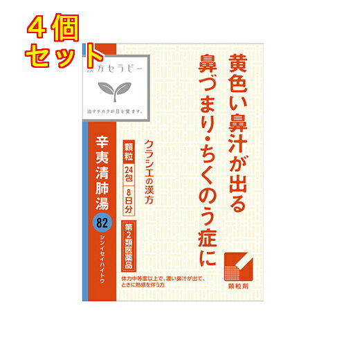 1個2個セット3個セット5個セットこの商品は医薬品です、同梱されている添付文書を必ずお読みください。※商品リニューアル等によりパッケージ及び容量は変更となる場合があります。ご了承ください。●「辛夷清肺湯」は，漢方の古典といわれる中国の医書「外科正宗」に収載されている薬方です。●濃い鼻汁が出て，ときに熱感を伴う人の鼻づまり，慢性鼻炎，蓄膿症に効果があります。 医薬品の使用期限 医薬品に関しては特別な表記の無い限り、1年以上の使用期限のものを販売しております。1年以内のものに関しては使用期限を記載します。 名称 漢方薬 内容量 24包 使用方法・用法及び使用上の注意 次の量を1日3回食前又は食間に水又は白湯にて服用。［年齢：1回量：1日服用回数］成人（15才以上）：1包：3回15才未満7才以上：2／3包：3回7才未満4才以上：1／2包：3回4才未満2才以上：1／3包：3回2才未満：服用しないこと用法関連注意小児に服用させる場合には，保護者の指導監督のもとに服用させてください。■相談すること1．次の人は服用前に医師，薬剤師又は登録販売者に相談してください　（1）医師の治療を受けている人　（2）妊婦又は妊娠していると思われる人　（3）体の虚弱な人（体力の衰えている人，体の弱い人）　（4）胃腸虚弱で冷え症の人2．服用後，次の症状があらわれた場合は副作用の可能性があるので，直ちに服用を中止し，この文書を持って医師，薬剤師又は登録販売者に相談してください［関係部位：症状］消化器：食欲不振，胃部不快感　まれに次の重篤な症状が起こることがある。　その場合は直ちに医師の診療を受けてください。［症状の名称：症状］間質性肺炎：階段を上ったり，少し無理をしたりすると息切れがする・息苦しくなる，空せき，発熱等がみられ，これらが急にあらわれたり，持続したりする。肝機能障害：発熱，かゆみ，発疹，黄疸（皮膚や白目が黄色くなる），褐色尿，全身のだるさ，食欲不振等があらわれる。腸間膜静脈硬化症：長期服用により，腹痛，下痢，便秘，腹部膨満等が繰り返しあらわれる。3．1ヵ月位服用しても症状がよくならない場合は服用を中止し，この文書を持って医師，薬剤師又は登録販売者に相談してください4．長期連用する場合には，医師，薬剤師又は登録販売者に相談してください 効能・効果 体力中等度以上で，濃い鼻汁が出て，ときに熱感を伴うものの次の症：鼻づまり，慢性鼻炎，蓄膿症（副鼻腔炎） 成分・分量 3包(4.5g)中　成分　分量　内訳辛夷清肺湯エキス 2500mg （チモ・オウゴン・シンイ・ビャクゴウ各1.5g，サンシシ・ショウマ各0.75g，バクモンドウ・セッコウ各3g，ビワヨウ0.5g）添加物ヒドロキシプロピルセルロース，乳糖 保管および取扱い上の注意 （1）直射日光の当たらない湿気の少ない涼しい所に保管してください。（2）小児の手の届かない所に保管してください。（3）他の容器に入れ替えないでください。　（誤用の原因になったり品質が変わります。）（4）使用期限のすぎた商品は服用しないでください。（5）1包を分割した残りを服用する時は，袋の口を折り返して保管し，2日をすぎた場合には服用しないでください。 賞味期限又は使用期限 パッケージに記載 発売元、製造元、輸入元又は販売元、消費者相談窓口 クラシエ薬品株式会社〒108-8080　東京港区海岸3-20-20電話：03-5446-3451 原産国 日本 商品区分 医薬品 広告文責　株式会社レデイ薬局　089-909-3777薬剤師：池水　信也 リスク区分&nbsp; 第2類医薬品 ,,【第2類医薬品】
