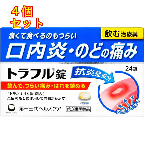 1個2個セット3個セット5個セット10個セットこの商品は医薬品です、同梱されている添付文書を必ずお読みください。※商品リニューアル等によりパッケージ及び容量は変更となる場合があります。ご了承ください。トラフル錠は、抗炎症成分トラネキサム酸を配合。炎症のもとに作用して、痛み・はれを鎮める内服タイプの治療薬です。●炎症を起こす原因物質に作用し、痛み・はれをしずめるトラネキサム酸を配合●炎症をおさえるカンゾウ乾燥エキスを配合●皮膚や粘膜の機能を正常にはたらかせるビタミンB2、ビタミンB6とビタミンCを配合●携帯にも便利なPTP包装●7歳から服用できます 医薬品の使用期限 医薬品に関しては特別な表記の無い限り、1年以上の使用期限のものを販売しております。1年以内のものに関しては使用期限を記載します。 名称 口腔咽喉薬 内容量 24錠 使用方法・用法及び使用上の注意 次の量を水又はお湯で服用して下さい。［年齢：1回量：1日服用回数］成人（15歳以上）：2錠：3回　朝昼晩に服用して下さい。7歳以上15歳未満：1錠：3回　朝昼晩に服用して下さい。7歳未満：服用しないで下さい。用法関連注意（1）用法・用量を厳守して下さい。（2）食前・食後、いずれの服用でもかまいません。（3）7歳以上の小児に服用させる場合には、保護者の指導監督のもとに服用させて下さい。（4）錠剤の取り出し方錠剤の入っているPTPシートの凸部を指先で強く押して裏面のアルミ箔を破り、取り出して服用して下さい。（誤ってそのまま飲み込んだりすると食道粘膜に突き刺さる等思わぬ事故につながります）■してはいけないこと（守らないと現在の症状が悪化したり、副作用が起こりやすくなります）1．本剤を服用している間は、次のいずれの医薬品も服用しないで下さい。（1）甘草（カンゾウ）又はその主成分グリチルリチンを含有する内服薬（むくみ、血圧上昇及び筋疾患（ミオパチー）等が起こることがあります）（2）トラネキサム酸を含有する内服薬（鼻炎用内服薬、かぜ薬、解熱鎮痛薬、鎮咳去痰薬等）2．長期連用しないで下さい。■相談すること1．次の人は服用前に医師、薬剤師又は登録販売者に相談して下さい。（1）医師又は歯科医師の治療を受けている人（2）妊婦又は妊娠していると思われる人（3）高齢者（4）薬などによりアレルギー症状を起こしたことがある人（5）次の症状のある人むくみ（6）次の診断を受けた人高血圧、心臓病、腎臓病、血栓のある人（脳血栓、心筋梗塞、血栓性静脈炎等）、血栓症を起こすおそれのある人2．服用後、次の症状があらわれた場合は副作用の可能性がありますので、直ちに服用を中止し、この文書を持って医師、薬剤師又は登録販売者に相談して下さい。［関係部位：症状］皮膚：発疹・発赤、かゆみ消化器：吐き気・嘔吐、胸やけ、食欲不振もしくは食欲増進、胃部不快感経系：めまい泌尿器：頻尿まれに下記の重篤な症状が起こることがあります。その場合は直ちに医師の診療を受けて下さい。［症状の名称：症状］偽アルドステロン症、ミオパチー：手足のだるさ、しびれ、つっぱり感やこわばりに加えて、脱力感、筋肉痛があらわれ、徐々に強くなる。3．服用後、次の症状があらわれることがありますので、このような症状の持続又は増強が見られた場合には、服用を中止し、この文書を持って医師、薬剤師又は登録販売者に相談して下さい。下痢4．5～6日間服用しても症状がよくならない場合は服用を中止し、この文書を持って医師、薬剤師又は登録販売者に相談して下さい。その他の注意 ＜成分・分量に関連する注意＞（1）本剤に配合されているリボフラビン（ビタミンB2）により、尿が黄色になることがあります。（2）本剤の服用により、尿及び便の検査値に影響を与えることがあります。医師の検査を受ける場合は、ビタミンCを含有する製剤を服用していることを医師に知らせて下さい。 効能・効果 口内炎、咽頭炎・扁桃炎（のどのはれ、のどの痛み） 成分・分量 6錠中　成分　分量　内訳トラネキサム酸 750mg カンゾウ乾燥エキス 198mg （原生薬として990mg）ピリドキシン塩酸塩(ビタミンB6) 50mg リボフラビン（ビタミンB2) 12mg L-アスコルビン酸ナトリウム(ビタミンCナトリウム） 500mg 添加物セルロース、無水ケイ酸、ポリビニルアルコール（部分けん化物）、トウモロコシデンプン、ステアリン酸マグネシウム、ヒプロメロース、酸化チタン、タルク、プロピレングリコール、ジメチルポリシロキサン、二酸化ケイ素、三二酸化鉄、カルナウバロウ 保管および取扱い上の注意 （1）直射日光の当らない湿気の少ない涼しい所に保管して下さい。（2）小児の手の届かない所に保管して下さい。（3）他の容器に入れ替えないで下さい。（誤用の原因になったり品質が変わります）（4）表示の使用期限を過ぎた製品は使用しないで下さい。また、一度内袋（アルミ袋）を開封した後は、品質保持の点から開封後6カ月以内に使用して下さい。（5）箱の「開封年月日」記入欄に、内袋（アルミ袋）を開封した日付を記入して下さい。 賞味期限又は使用期限 パッケージに記載 発売元、製造元、輸入元又は販売元、消費者相談窓口 第一三共ヘルスケア株式会社〒103-8234　東京中央区日本橋3-14-10電話：0120-337-336 原産国 日本 商品区分 医薬品 広告文責　株式会社レデイ薬局　089-909-3777薬剤師：池水　信也 リスク区分&nbsp; 第3類医薬品 咽頭炎,口内炎,【第3類医薬品】