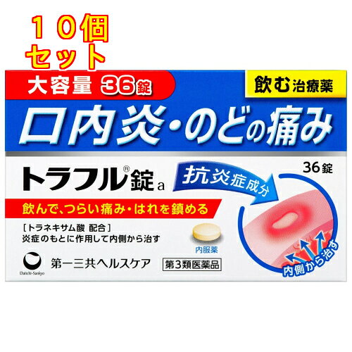 1個2個セット3個セット4個セット5個セットこの商品は医薬品です、同梱されている添付文書を必ずお読みください。※商品リニューアル等によりパッケージ及び容量は変更となる場合があります。ご了承ください。トラフル錠は、抗炎症成分トラネキサム酸を配合。炎症のもとに作用して、痛み・はれを鎮める内服タイプの治療薬です。●炎症を起こす原因物質に作用し、痛み・はれをしずめるトラネキサム酸を配合●炎症をおさえるカンゾウ乾燥エキスを配合●皮膚や粘膜の機能を正常にはたらかせるビタミンB2、ビタミンB6とビタミンCを配合●携帯にも便利なPTP包装●7歳から服用できます 医薬品の使用期限 医薬品に関しては特別な表記の無い限り、1年以上の使用期限のものを販売しております。1年以内のものに関しては使用期限を記載します。 名称 口腔咽喉薬 内容量 36錠 使用方法・用法及び使用上の注意 次の量を水又はお湯で服用して下さい。［年齢：1回量：1日服用回数］成人（15歳以上）：2錠：3回　朝昼晩に服用して下さい。7歳以上15歳未満：1錠：3回　朝昼晩に服用して下さい。7歳未満：服用しないで下さい。■してはいけないこと（守らないと現在の症状が悪化したり、副作用が起こりやすくなります）1．本剤を服用している間は、次のいずれの医薬品も服用しないで下さい。（1）甘草（カンゾウ）又はその主成分グリチルリチンを含有する内服薬（むくみ、血圧上昇及び筋疾患（ミオパチー）等が起こることがあります）（2）トラネキサム酸を含有する内服薬（鼻炎用内服薬、かぜ薬、解熱鎮痛薬、鎮咳去痰薬等）2．長期連用しないで下さい。■相談すること1．次の人は服用前に医師、薬剤師又は登録販売者に相談して下さい。（1）医師又は歯科医師の治療を受けている人（2）妊婦又は妊娠していると思われる人（3）高齢者（4）薬などによりアレルギー症状を起こしたことがある人（5）次の症状のある人むくみ（6）次の診断を受けた人高血圧、心臓病、腎臓病、血栓のある人（脳血栓、心筋梗塞、血栓性静脈炎等）、血栓症を起こすおそれのある人2．服用後、次の症状があらわれた場合は副作用の可能性がありますので、直ちに服用を中止し、この文書を持って医師、薬剤師又は登録販売者に相談して下さい。［関係部位：症状］皮膚：発疹・発赤、かゆみ消化器：吐き気・嘔吐、胸やけ、食欲不振もしくは食欲増進、胃部不快感経系：めまい泌尿器：頻尿まれに下記の重篤な症状が起こることがあります。その場合は直ちに医師の診療を受けて下さい。［症状の名称：症状］偽アルドステロン症、ミオパチー：手足のだるさ、しびれ、つっぱり感やこわばりに加えて、脱力感、筋肉痛があらわれ、徐々に強くなる。3．服用後、次の症状があらわれることがありますので、このような症状の持続又は増強が見られた場合には、服用を中止し、この文書を持って医師、薬剤師又は登録販売者に相談して下さい。下痢4．5～6日間服用しても症状がよくならない場合は服用を中止し、この文書を持って医師、薬剤師又は登録販売者に相談して下さい。その他の注意成分・分量に関連する注意（1）本剤に配合されているリボフラビン（ビタミンB2）により、尿が黄色になることがあります。（2）本剤の服用により、尿及び便の検査値に影響を与えることがあります。医師の検査を受ける場合は、ビタミンCを含有する製剤を服用していることを医師に知らせて下さい。 効能・効果 口内炎、咽頭炎・扁桃炎（のどのはれ、のどの痛み） 成分・分量 6錠中　成分　分量　内訳トラネキサム酸 750mg カンゾウ乾燥エキス 198mg （原生薬として990mg）ピリドキシン塩酸塩(ビタミンB6) 50mgリボフラビン（ビタミンB2) 12mgL-アスコルビン酸ナトリウム(ビタミンCナトリウム） 500mg添加物セルロース、無水ケイ酸、ポリビニルアルコール（部分けん化物）、トウモロコシデンプン、ステアリン酸マグネシウム、ヒプロメロース、酸化チタン、タルク、プロピレングリコール、ジメチルポリシロキサン、二酸化ケイ素、三二酸化鉄、カルナウバロウ 保管および取扱い上の注意 （1）直射日光の当らない湿気の少ない涼しい所に保管して下さい。（2）小児の手の届かない所に保管して下さい。（3）他の容器に入れ替えないで下さい。（誤用の原因になったり品質が変わります）（4）表示の使用期限を過ぎた製品は使用しないで下さい。また、一度内袋（アルミ袋）を開封した後は、品質保持の点から開封後6カ月以内に使用して下さい。（5）箱の「開封年月日」記入欄に、内袋（アルミ袋）を開封した日付を記入して下さい。 賞味期限又は使用期限 パッケージに記載 発売元、製造元、輸入元又は販売元、消費者相談窓口 第一三共ヘルスケア株式会社〒103-8234　東京中央区日本橋3-14-10電話：0120-337-336 原産国 日本 商品区分 医薬品 広告文責　株式会社レデイ薬局　089-909-3777薬剤師：池水　信也 リスク区分&nbsp; 第3類医薬品 口内トラブル,のどの薬,【第3類医薬品】