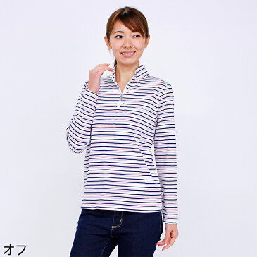 Tシャツ 長袖 VANSPORTS（バンスポーツ） 天竺×鹿の子ハーフZipボーダープルオーバー レディース ロゴ刺繍 M L LL 3L オフ ライトパープル ネイビー グレー 春 「201906w」 tシャツ