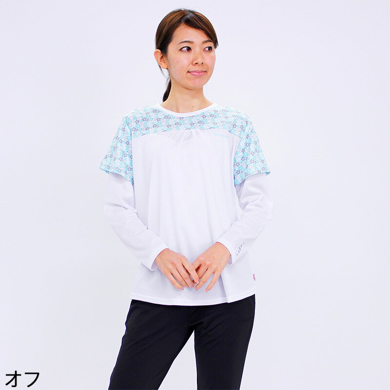 アウトレット！ Tシャツ 長袖 VANSPORTS（バンスポーツ） 鹿の子花柄袖フェイクギャザーシャツ スポーツウエア レディース 再帰反射 吸汗速乾加工 ロゴラメプリント 花柄×無地 M L LL 3L オフ ピンク ネイビー クロ 春 「201915w」 tシャツ