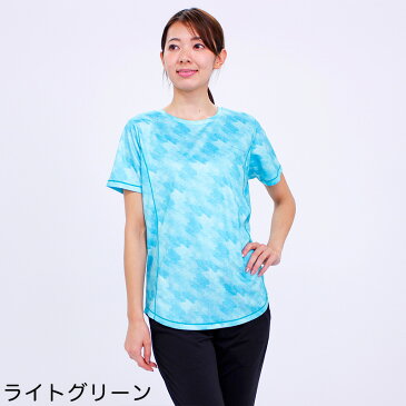 Tシャツ 半袖 VANSPORTS（バンスポーツ） メッシュプリント幾何柄切替Tシャツ スポーツウエア レディース 再帰反射 吸汗速乾加工 ロゴプリント M L LL 3L ピンク ライトグリーン サックス ライトグレー 夏 「201915w」