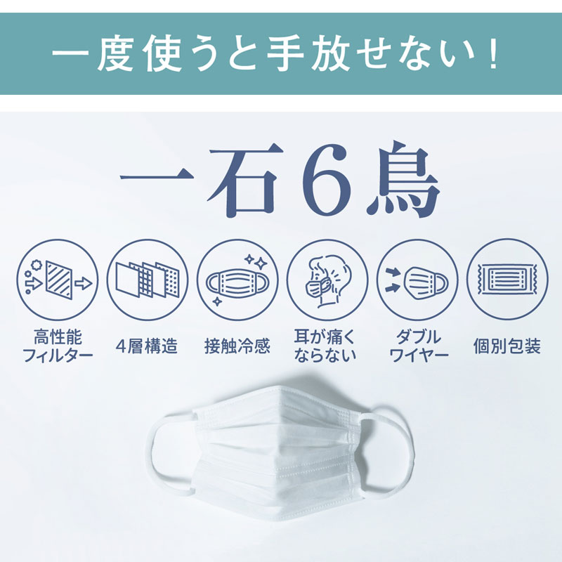 冷感 不織布4層マスク 花粉症対策 60枚(30枚×2箱) 実用新案 一石六鳥 高性能フィルター 4層構造 肌面接触冷感 耳が痛くならないやわらかゴム ダブルワイヤー 個別包装 ウイルス 飛沫 花粉 白 Makuake ふつう 小さめ 売れてます リピート続出