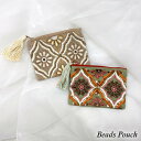 フラワービーズ刺繍ミニポーチ タッセル付き ファスナー付き ハンドメイド インド製 ベージュ ターコイズ(4)