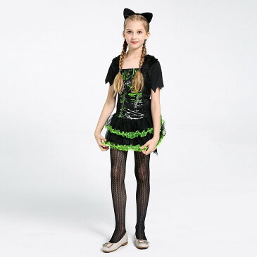 ハロウィン 衣装 子供 猫耳 ねこ 子供ドレス ワンピース Halloween 仮装 イベント お姫様 魔女　2点セット