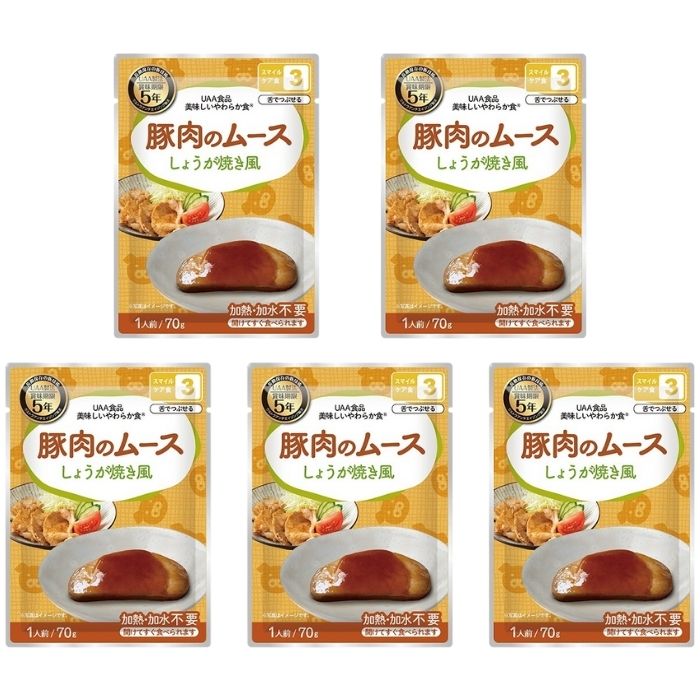 ■　商品説明【商品詳細】 【舌でつぶせる】 そしゃく配慮が必要なかた向けの長期保存食。 ●風味豊かな豚肉のムースをしょうが焼き風の味付けにしました。 ●常温のまま、温めずにすぐ食べられます。 ●レトルト臭がほとんどなく、でき立てに近い美味しさ。 ●常温で5年の長期保存。 開封してそのまま、または開封せず湯せんで7〜8分 ●栄養成分：たんぱく質 5.5g、脂質 6.0g、炭水化物 10.6g、食塩相当量 1.9g ●表示すべきアレルギー項目：小麦、卵、乳、豚肉、大豆、ゼラチンその他のムースはこちら選べるお試しセットもおすすめ【美味しい防災食 お試し 選べる5種類セット】 【美味しい防災食 選べる10種類セット】 もしもの時に備えよう！お得なまとめ買いはこちらから【美味しい防災食21種類セット】 非常食セット 【美味しい防災食31種類セット】非常食セット