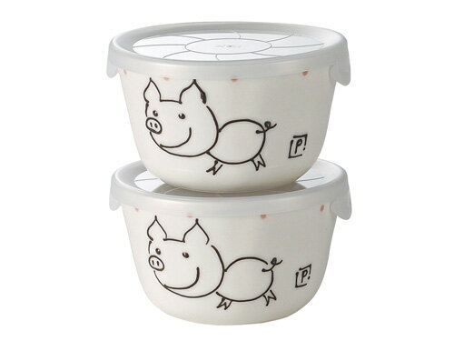 【お手軽ストッカー 手描きのぶたさん 2点セット】レンジパック 保存容器 電子レンジ 陶器 食器 美濃焼..