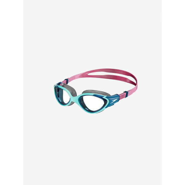 人間工学を踏まえて開発されたBiofuseシリーズの女性向けフィットネスゴーグル。女性の顔に合わせてデザインされたスタイリッシュな「SHAPED CAT EYE（キャットアイフレーム形状）」フレームを採用。なめらかな形状で、鼻と顔の輪郭に合わせて心地よくフィットします。さらに、フレーム内側にもくぼみデザインの非常に柔らかなクッションをほどこし、目のまわりの密着度を高めています。UVカットレンズで紫外線から目を守ります。Speedo独自のくもり止め技術で効果が長く持続。ストラップはサイドのボタン一つで簡単に調節が可能です。【02912030100000000】【03003290300000000】