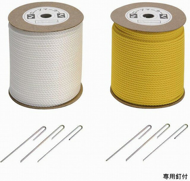 ○材質：ロープ：ポリエチレン、釘：スチール（ユニクロメッキ仕上げ） ○サイズ：長さ300m×直径0.6cm ○自重：約7.1kg「カラーをご指定ください」90：白・400：黄 ○専用釘3×137：110本付◎ ○専用釘はEKA186と同サイズ 【生産国】 日本製【02921000000000000】【03001341200000000】