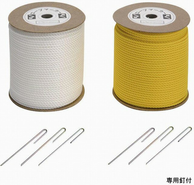 ○材質：ロープ：ポリエチレン、釘：スチール（ユニクロメッキ仕上げ） ○サイズ：長さ300m×直径0.6cm ○自重：約7.1kg「カラーをご指定ください」90：白・400：黄 ○専用釘3×137：110本付◎ ○専用釘はEKA186と同サイ...