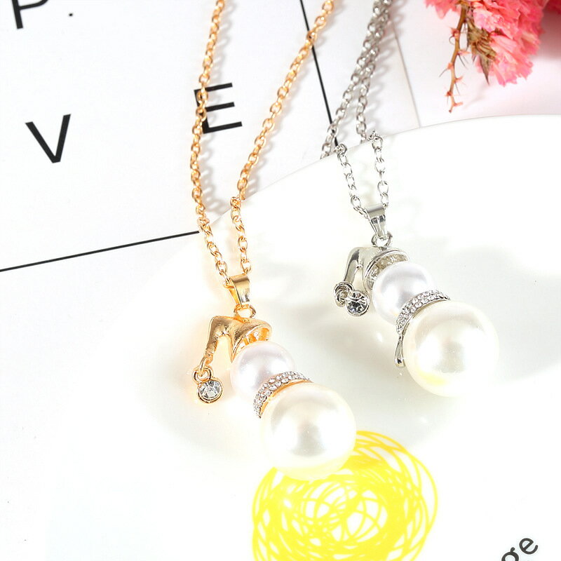 送料無料 ネックレス ペンダント レディース アクセサリー フェイクパール ラインストーン キラキラ 雪ダルマ 雪だるま おしゃれ 上品 可愛い かわいい 女性...