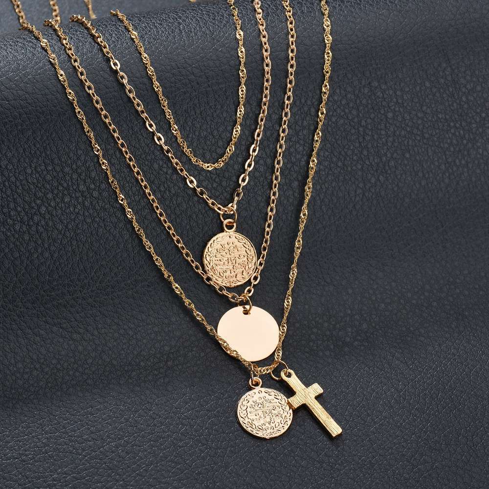 送料無料 ネックレス アクセサリー ファッション小物 重ね付け風 レディース 女性 おしゃれ クロス 十字架 コイン 多重 チェーン ゴールドカラー ギフト プレゼント