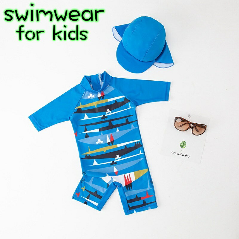 送料無料 水着 オールインワン 2点セット 子供用 キッズ 男の子 帽子 ラッシュガード 短パン 袖あり バックファスナー ハーフジップアップ ぼうし 日除け スイムウェア つなぎ ボディスーツ 夏 プール 海 川 水遊び 海水浴 ビーチ かわいい お洒落