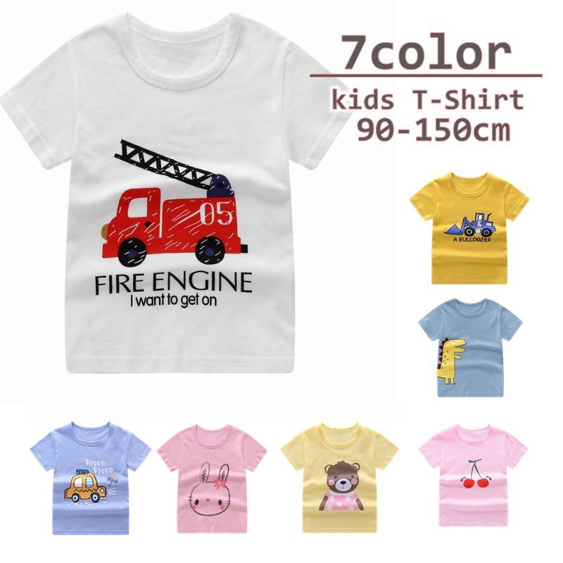 送料無料 Tシャツ 半袖 子供服 ラウンドネック プリント柄 キッズ 男の子 女の子 デイリー シンプル おしゃれ かわいい トップス カジュアル 普段着 カットソー フルーツ アニマル ブルドーザー 消防車