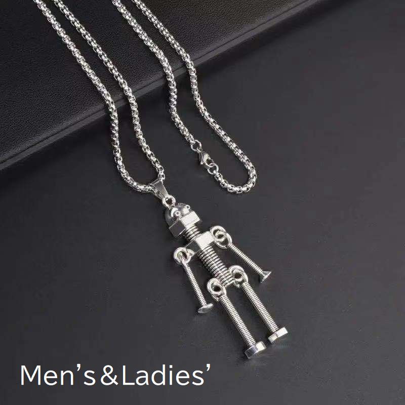 送料無料 ネックレス ペンダント 男女兼用 ユニセックス レディース メンズ アクセサリー ロボット チェーン ねじ ボルト 揺れる シルバーカラー ユニーク ...