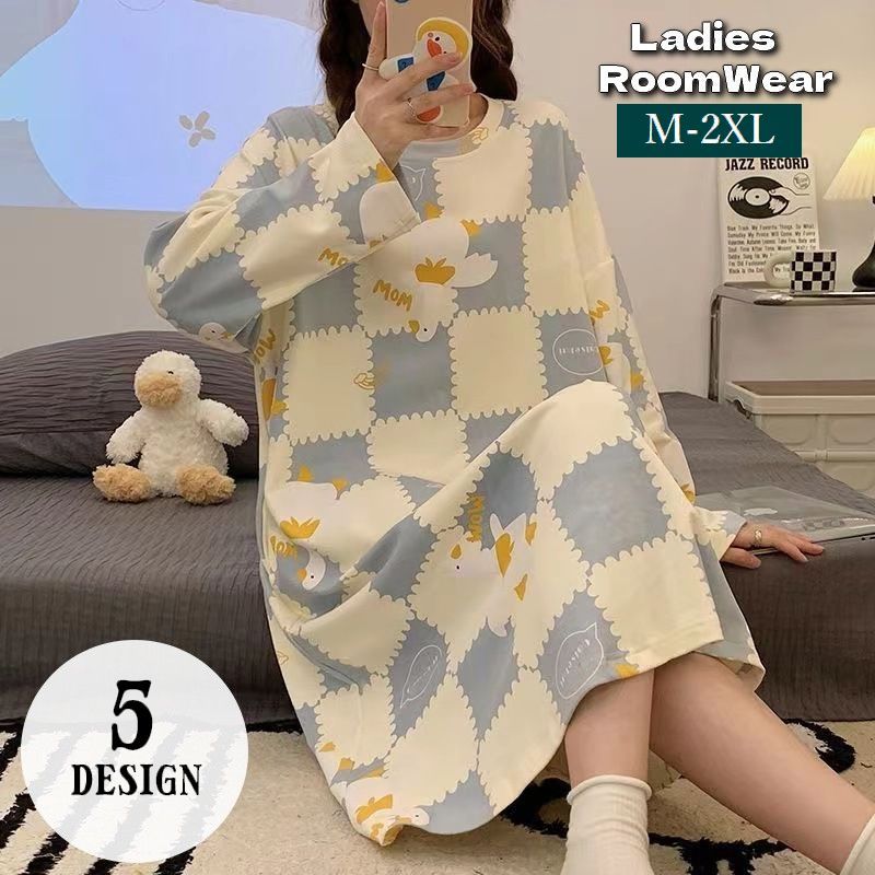 送料無料 ルームウェア ワンピース 長袖 レディース 部屋着 寝間着 ロング丈 ミモレ丈 ミディ丈 プルオーバー ラウンドネック パジャマ 大きいサイズあり ナ...