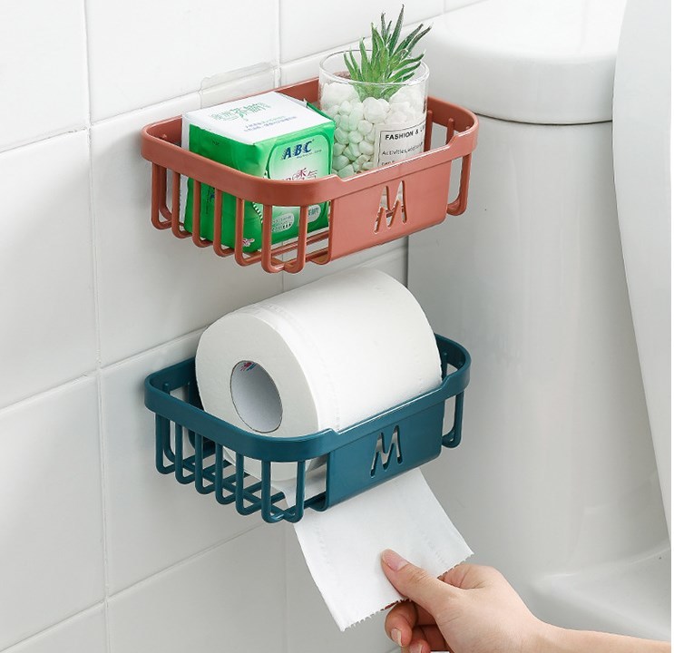 送料無料 トイレットペーパーホルダー 壁掛け 吊り下げ 粘着式 小物入れ 円形 四角形 ラウンド スクエア 浴室 洗面所 収納 予備 省スペース シンプル 2