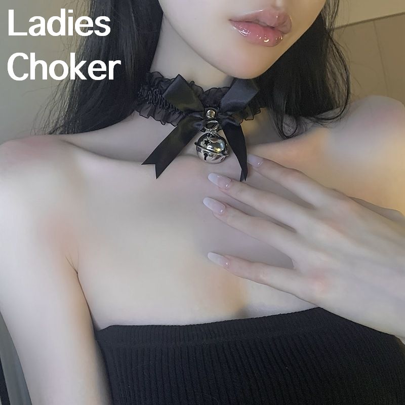Free shipping! Choker necklace, women's accessory, fashion accessory, ribbon, frill, lace, bell, chain, adjustable length, solid color, oversized.