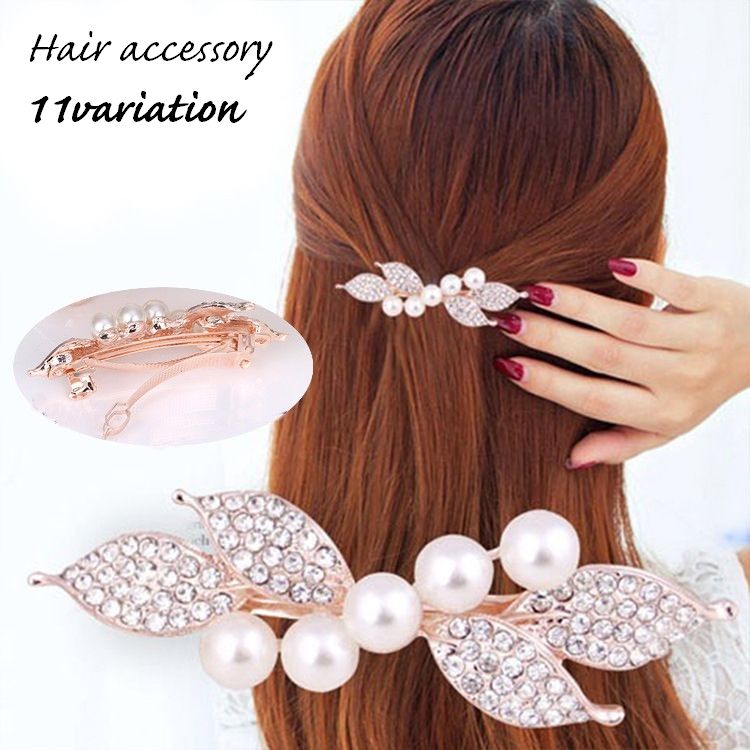 Rakuten - 送料無料 バレッタ レディース 女性用 ヘアアクセサリー 髪留め 髪飾り リーフ フラワー ラインストーン パール調 キラキラ 可愛い おしゃれ 上品 ヘアアレンジ まとめ髪 おでかけ 通勤 パーティー