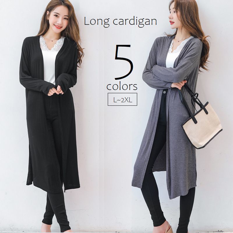 送料無料 カーディガン 薄手 ロングカーデ レディース 長袖 夏 春 ボタンなし 羽織 トッパーカーディガン 冷房避け 冷え対策 日焼け対策 サイドスリット 無地 ブラック グレー ネイビー ワイン