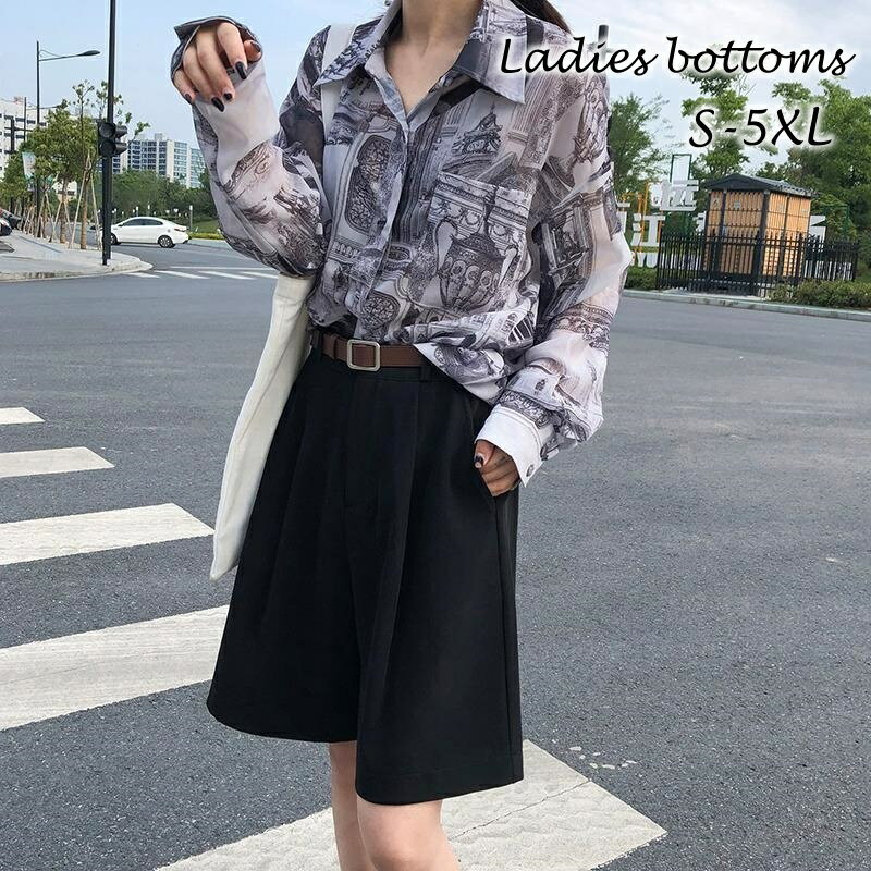 送料無料 ハーフパンツ レディース 女性用 ボトムス 半ズボン 短パン 5分丈 ワイド スーツパンツ 無地 おしゃれ クール ボタン ファスナー ゆったり 体型カバー 大きいサイズ ブラック 春 夏 秋