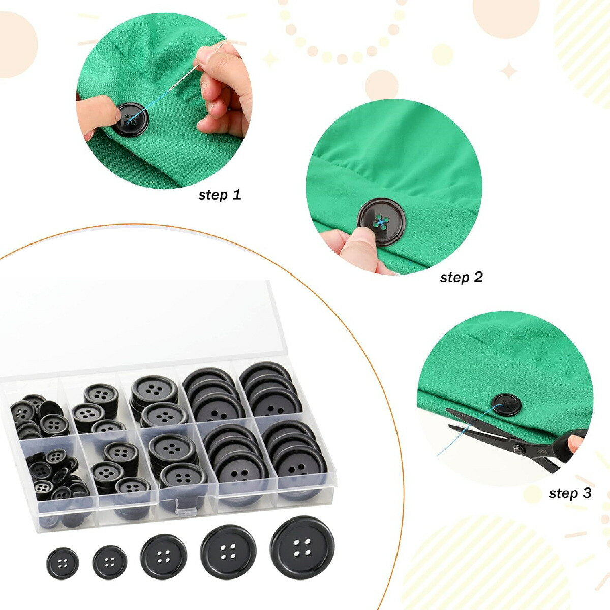 送料無料 ボタン 100個入り 手芸 裁縫 ハンドメイド ハンドクラフト 手縫い 縫製材料 10mm 12.5mm 15mm 20mm 25mm 4つ穴 ぼたん laforest-10142402 LaForest サンプル画像3